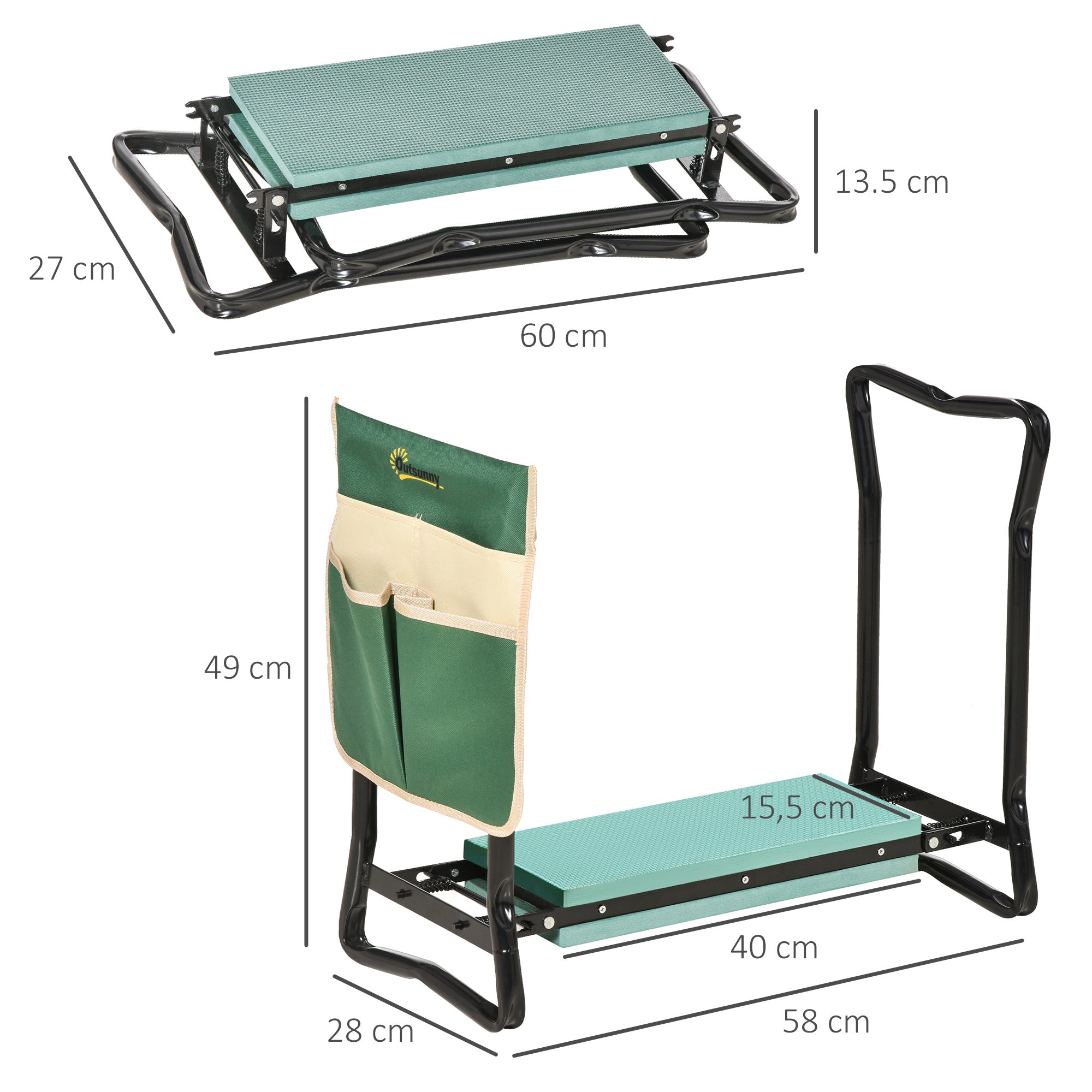 Outsunny Taburete de Jardín Plegable con Bolsa para Herramientas Protección Cojín Rodillas Asiento de Jardín con Almohadilla Altura Ajustable Soporta un máximo 150kg Color Verde Negro