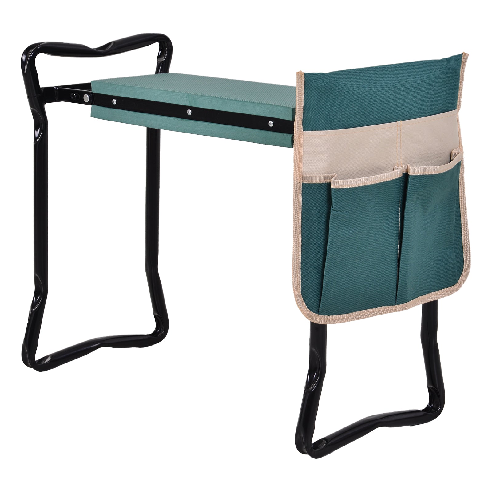 Outsunny Taburete de Jardín Plegable con Bolsa para Herramientas Protección Cojín Rodillas Asiento de Jardín con Almohadilla Altura Ajustable Soporta un máximo 150kg Color Verde Negro