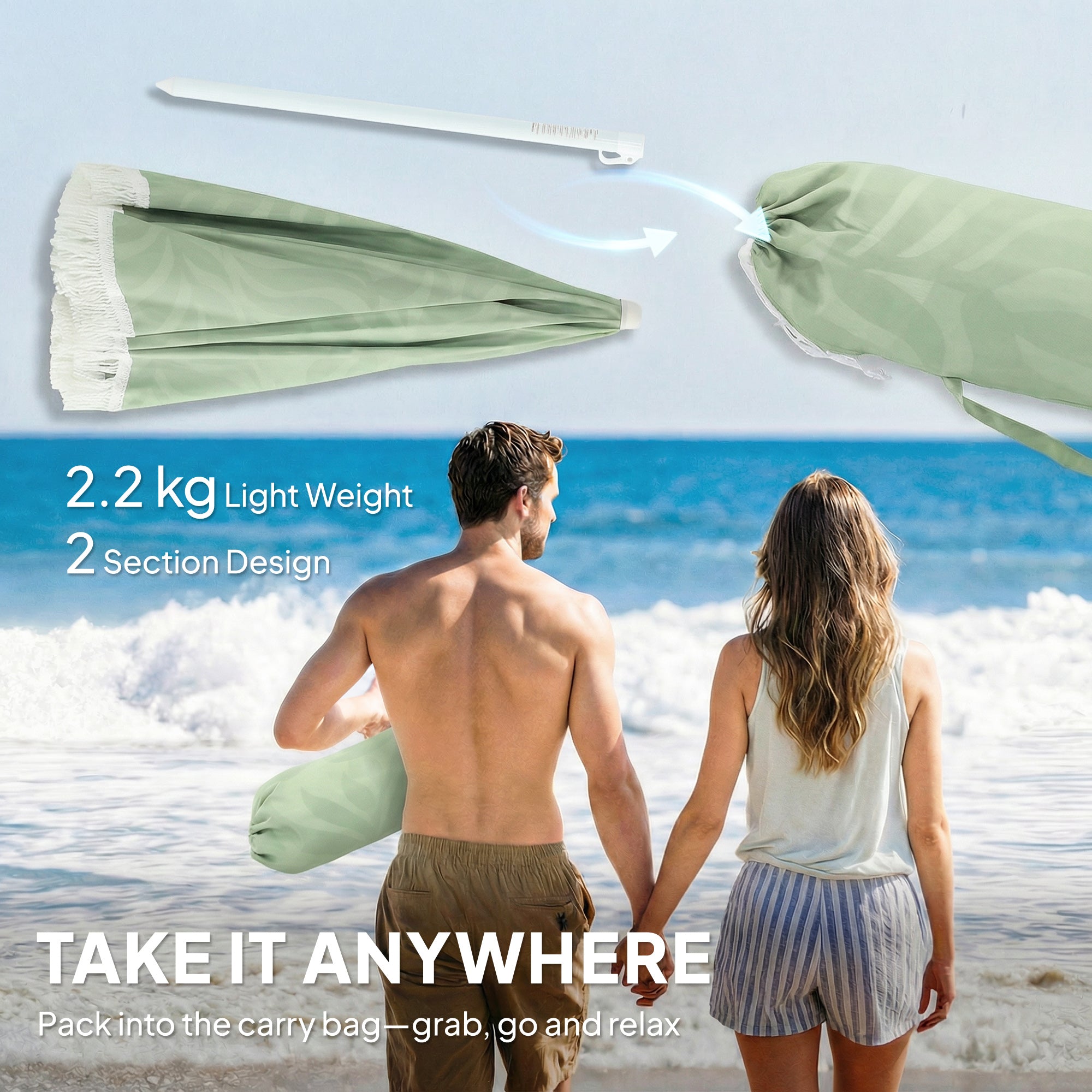 Outsunny Sombrilla de Playa con Flecos Ø180 cm, Sombrilla de Terraza Exterior con Altura Ajustable, Inclinación, Anclaje Arena y Bolsa de Transporte, UPF30+, Estampado de Hojas, Verde