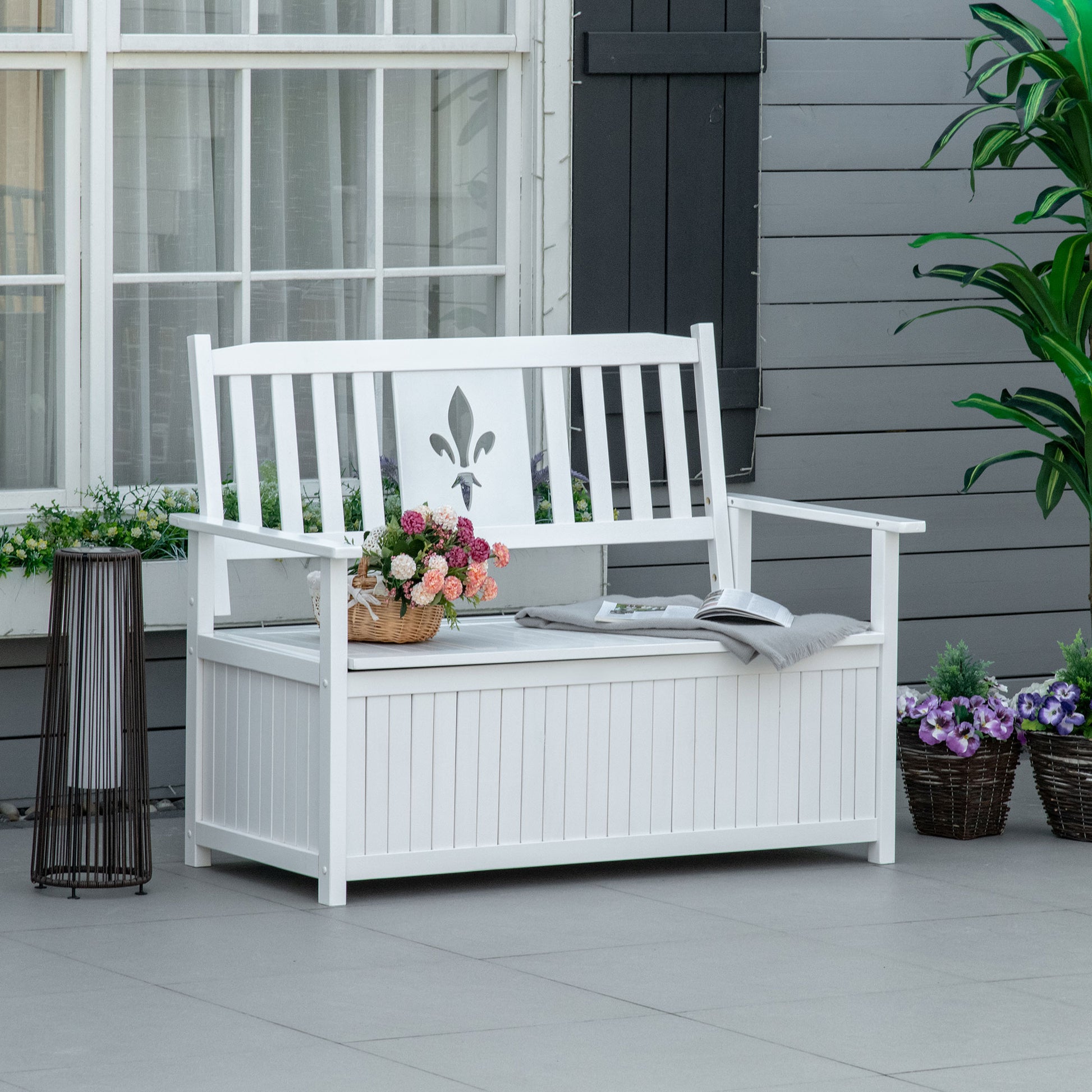 Outsunny Banco de Madera Maciza Exterior de 2 Plazas con Espacio de Almacenamiento y Tela Oxford Banco Arcón de Jardín Terraza con Reposabrazos Carga 250 kg 125x68,5x97 cm Blanco