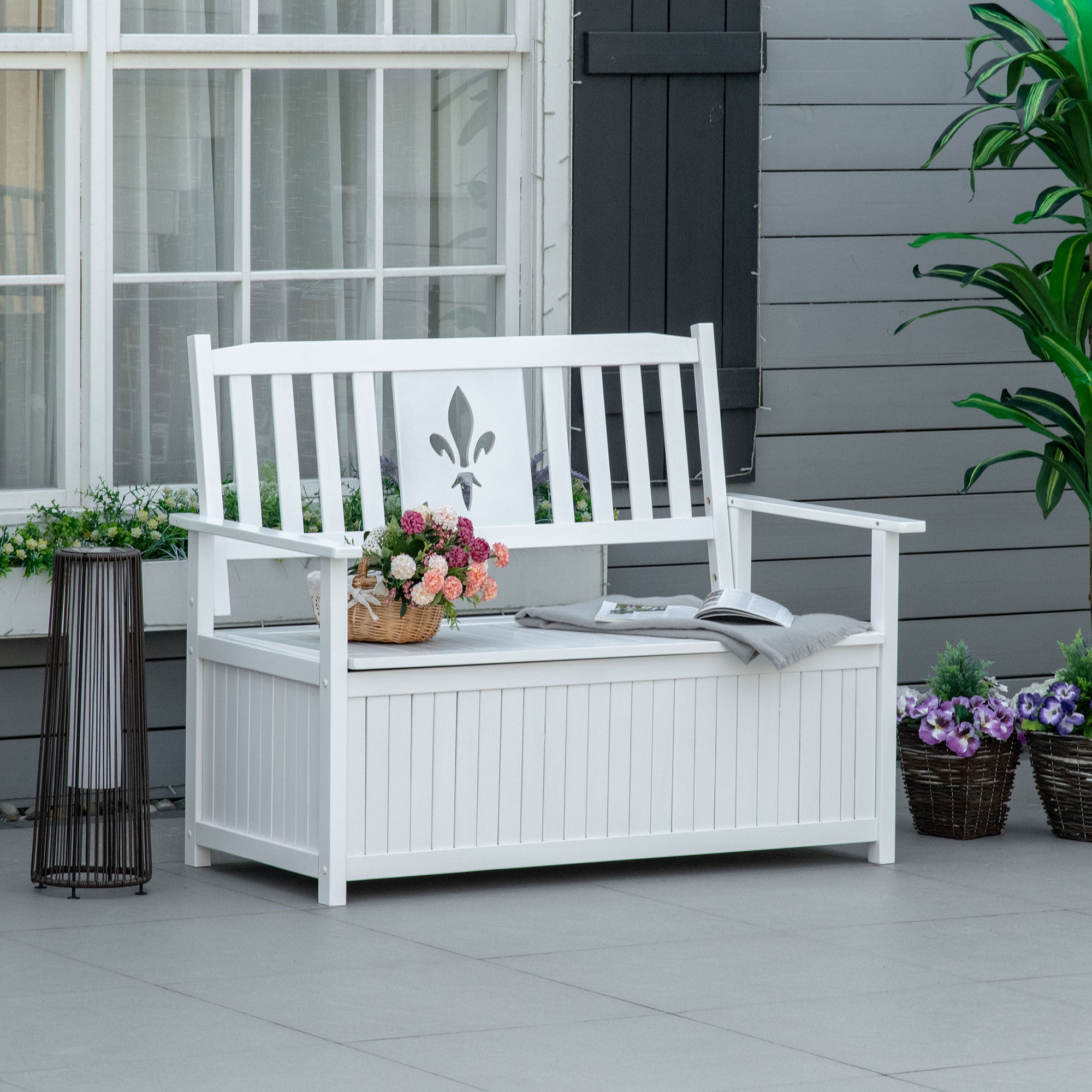 Outsunny Banco de Madera Maciza Exterior de 2 Plazas con Espacio de Almacenamiento y Tela Oxford Banco Arcón de Jardín Terraza con Reposabrazos Carga 250 kg 125x68,5x97 cm Blanco