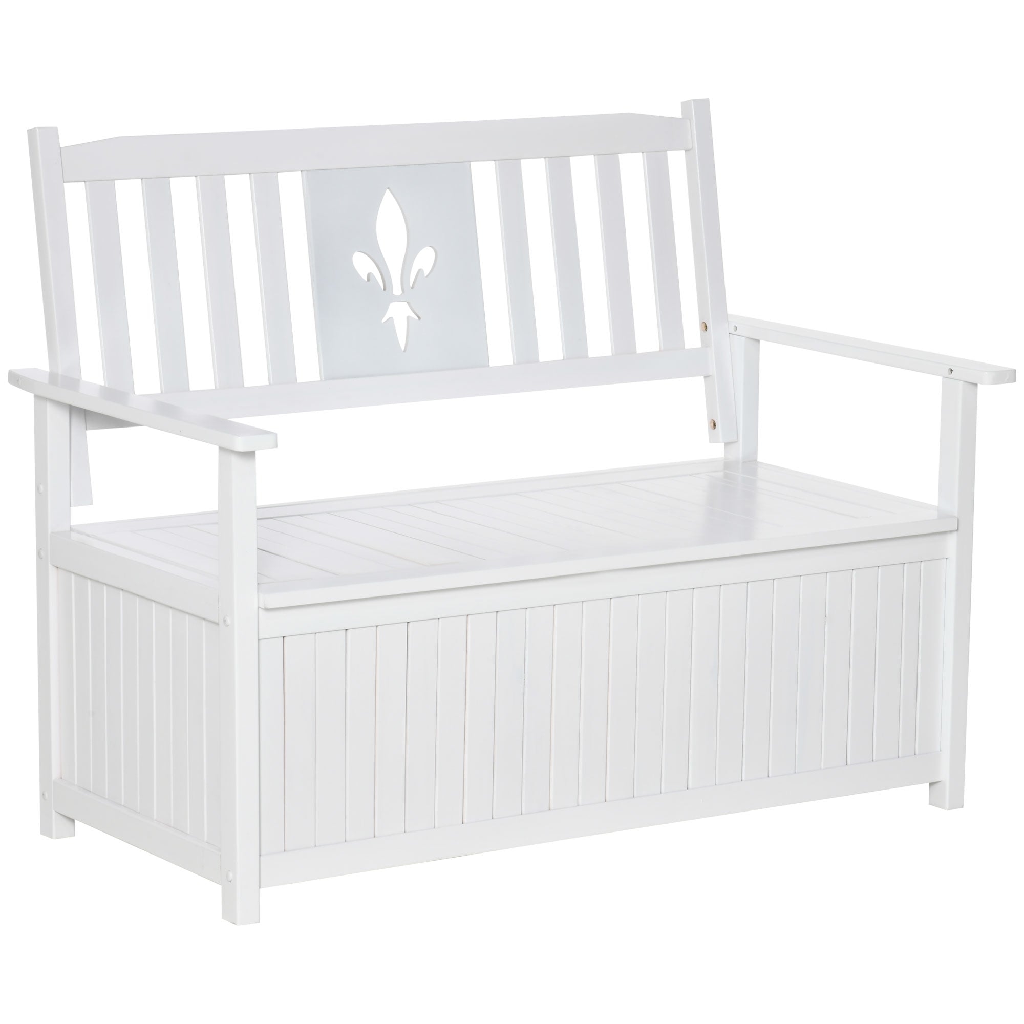 Outsunny Banco de Madera Maciza Exterior de 2 Plazas con Espacio de Almacenamiento y Tela Oxford Banco Arcón de Jardín Terraza con Reposabrazos Carga 250 kg 125x68,5x97 cm Blanco