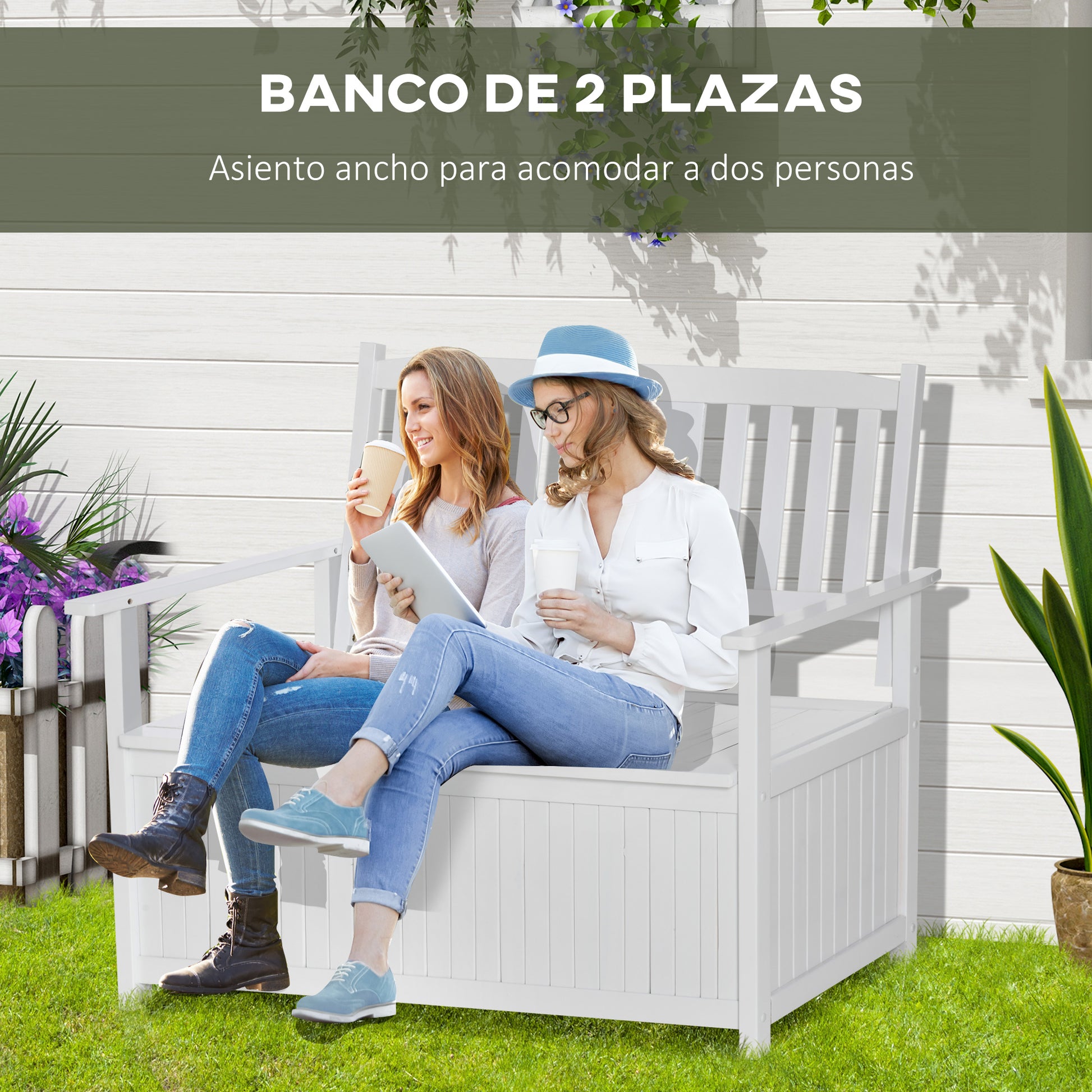Outsunny Banco de Madera Maciza Exterior de 2 Plazas con Espacio de Almacenamiento y Tela Oxford Banco Arcón de Jardín Terraza con Reposabrazos Carga 250 kg 125x68,5x97 cm Blanco