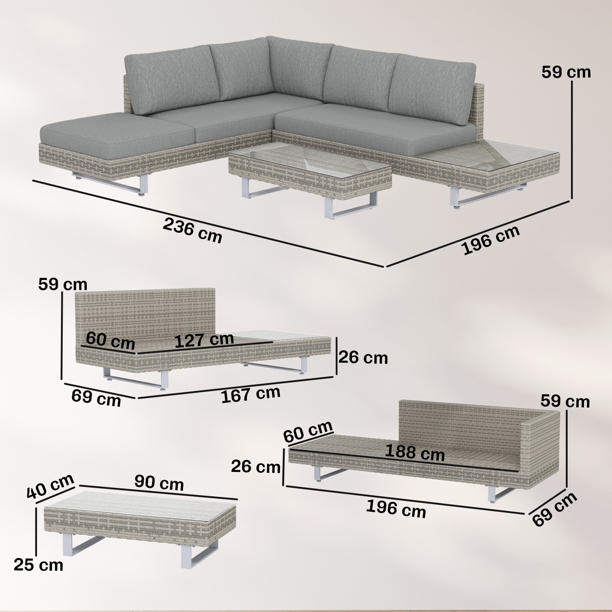 Outsunny Conjunto de Jardín de Ratán de 3 Piezas, Conjunto Terraza Resistente, Muebles Jardín Exterior Incluye Cojines, Sofá de 3 Plazas, Sofá de 2 Plazas con Mesa Lateral, Mesa Centro de Vidrio Gris