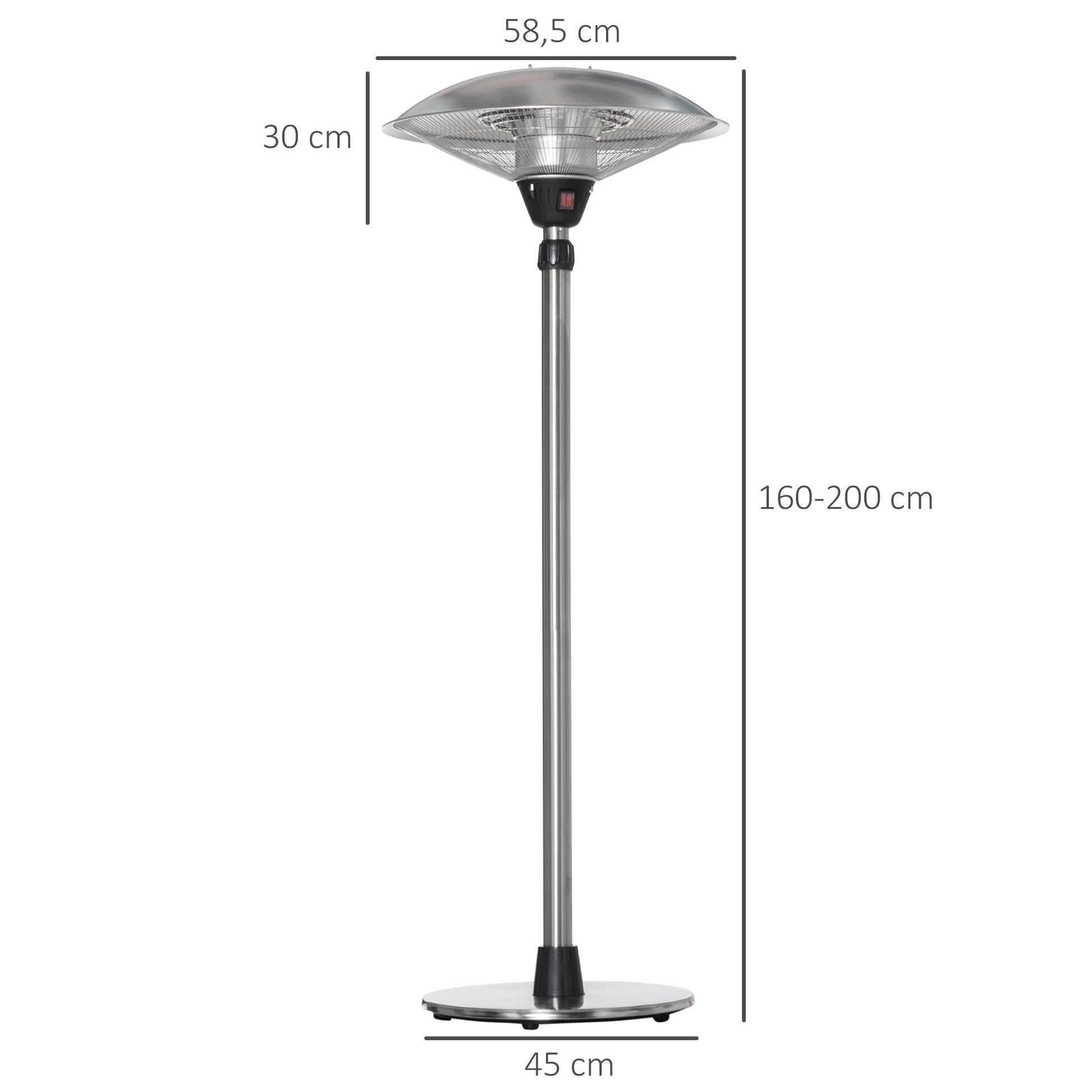 Outsunny Calefactor de Pie de Exterior 1200/1800/3000W Estufa de Infrarrojos con 3 Niveles de Calor Altura Ajustable Protección IP44 para Terraza Patio Aluminio Acero Inoxidable Ø58,5x160-200 cm Plata
