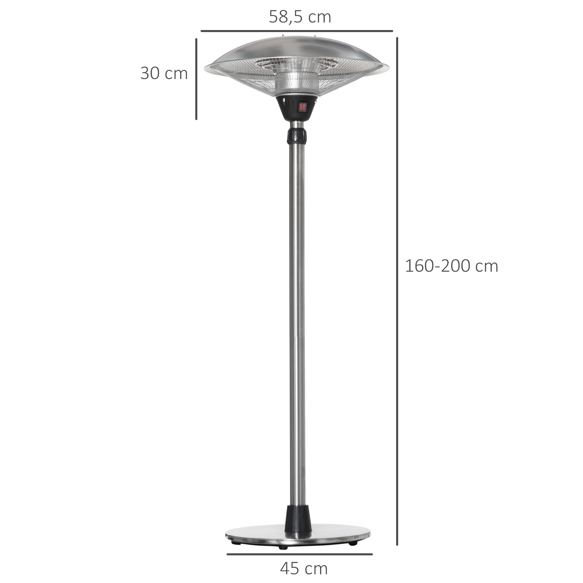 Outsunny Calefactor de Pie de Exterior 1200/1800/3000W Estufa de Infrarrojos con 3 Niveles de Calor Altura Ajustable Protección IP44 para Terraza Patio Aluminio Acero Inoxidable Ø58,5x160-200 cm Plata