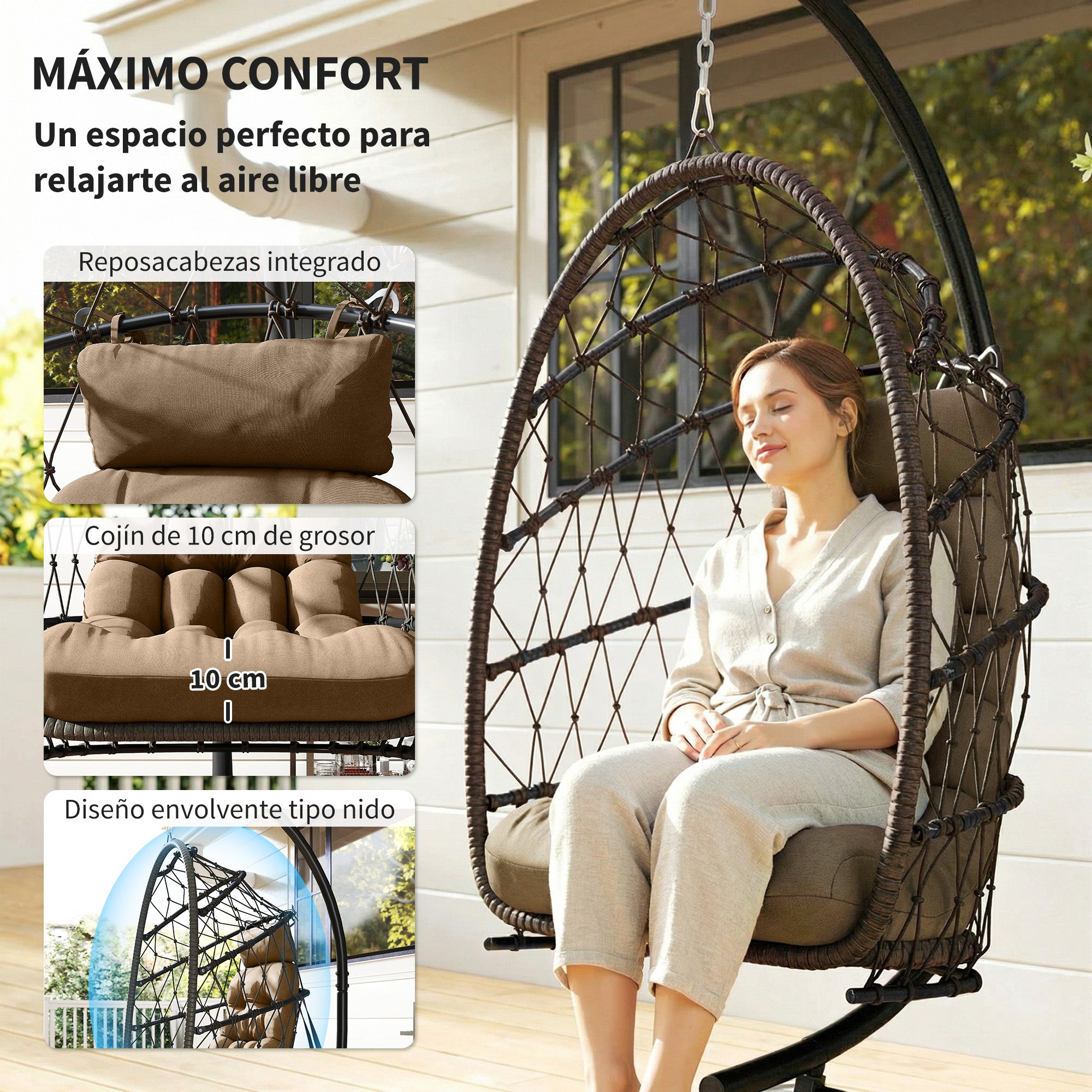 Outsunny Silla Colgante Huevo con Soporte, Columpio Jardín Exterior con Cesta Plegable de Ratán, Cojín Grueso, Reposacabezas, Funda Protectora y Cuerda para Interior y Exterior, Carga 120 kg, Marrón