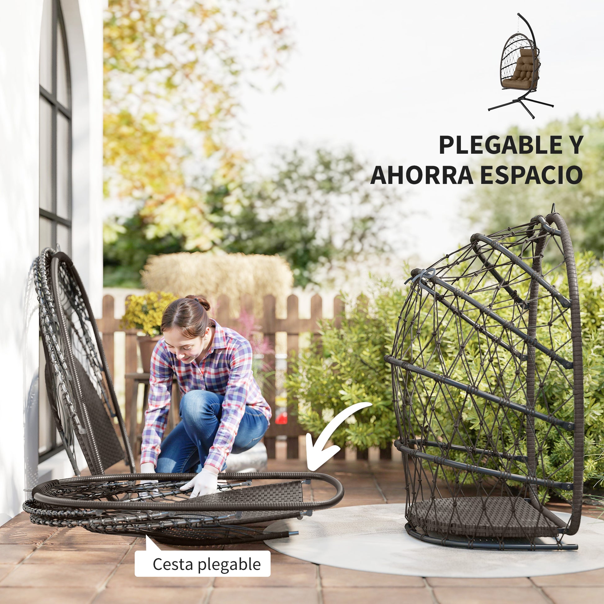 Outsunny Silla Colgante Huevo con Soporte, Columpio Jardín Exterior con Cesta Plegable de Ratán, Cojín Grueso, Reposacabezas, Funda Protectora y Cuerda para Interior y Exterior, Carga 120 kg, Marrón