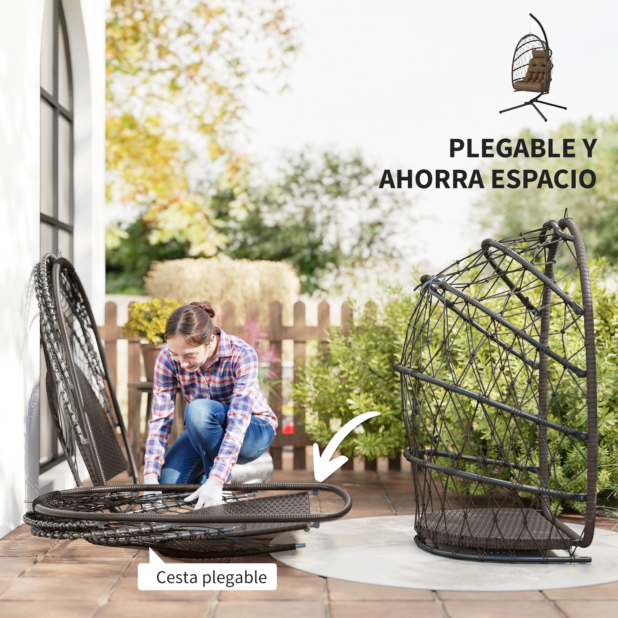 Outsunny Silla Colgante Huevo con Soporte, Columpio Jardín Exterior con Cesta Plegable de Ratán, Cojín Grueso, Reposacabezas, Funda Protectora y Cuerda para Interior y Exterior, Carga 120 kg, Marrón
