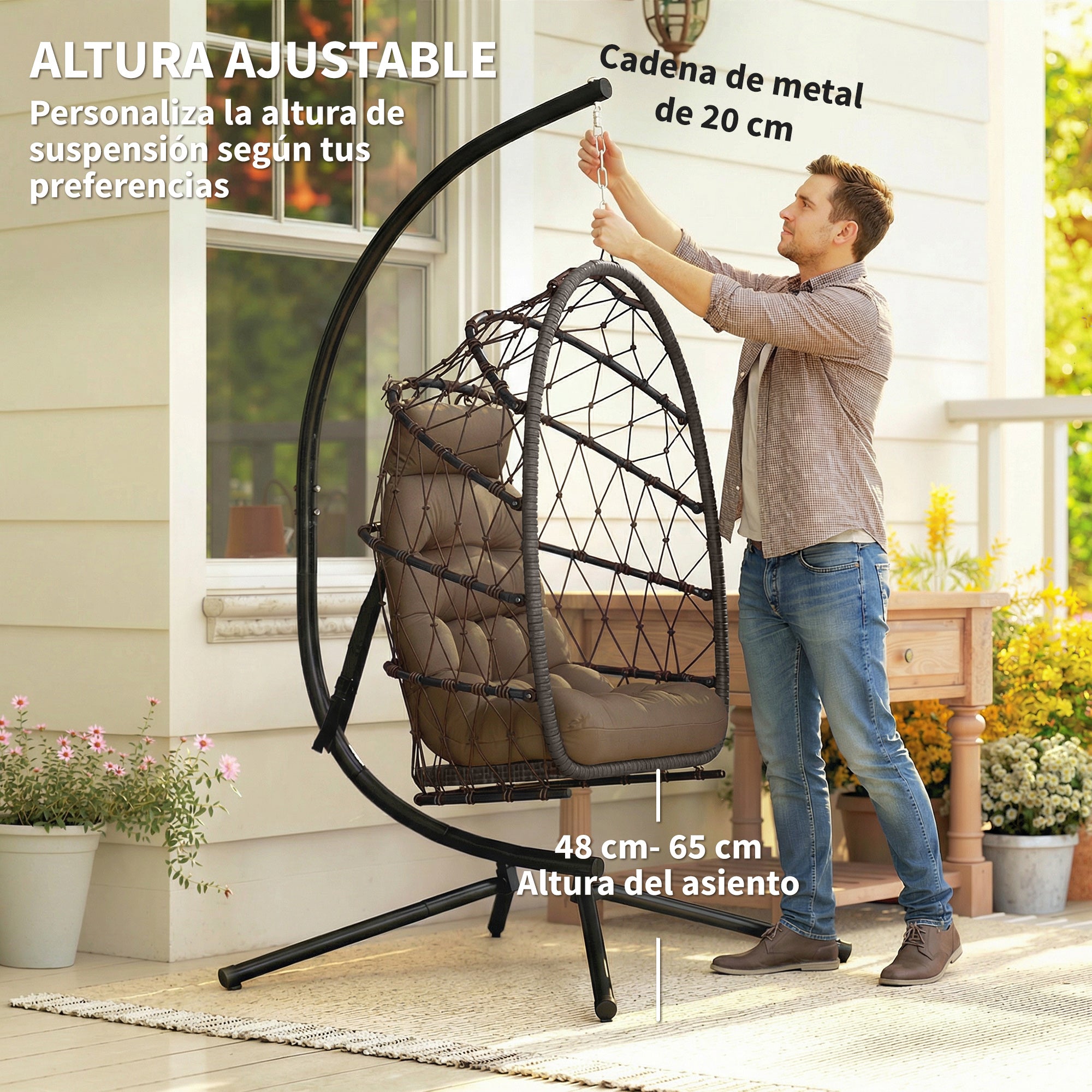 Outsunny Silla Colgante Huevo con Soporte, Columpio Jardín Exterior con Cesta Plegable de Ratán, Cojín Grueso, Reposacabezas, Funda Protectora y Cuerda para Interior y Exterior, Carga 120 kg, Marrón
