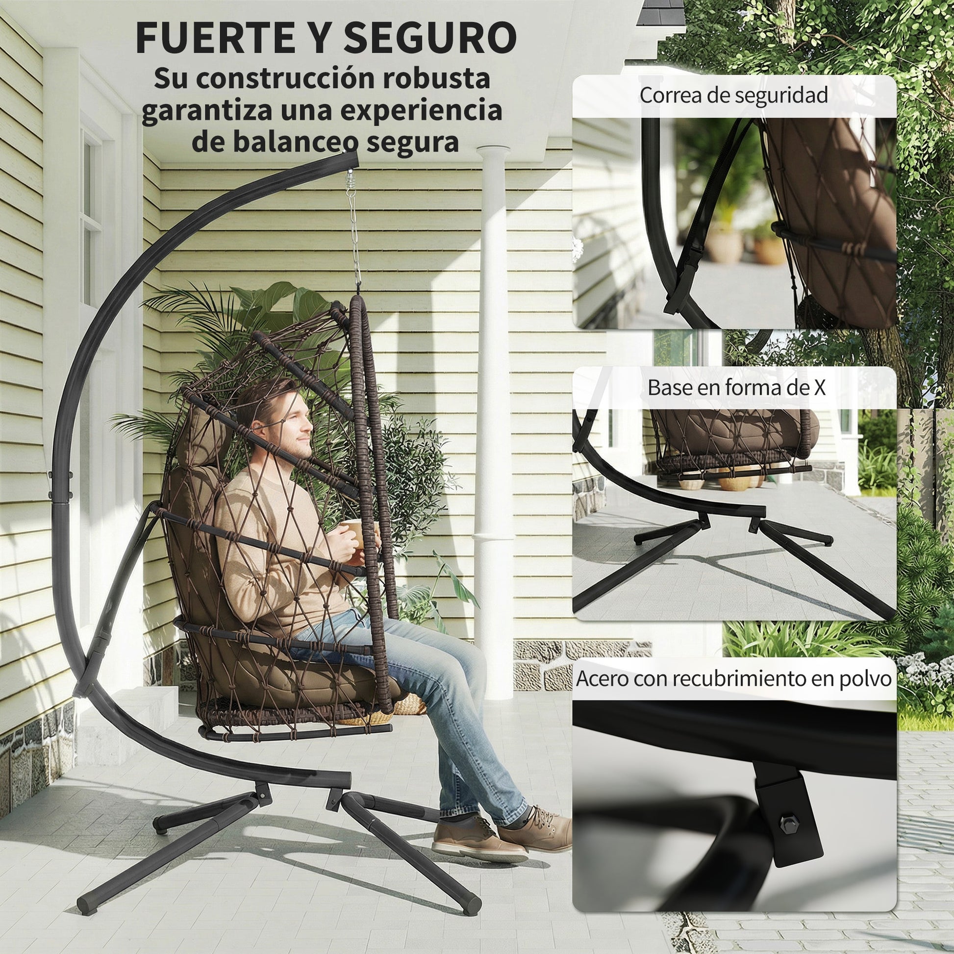 Outsunny Silla Colgante Huevo con Soporte, Columpio Jardín Exterior con Cesta Plegable de Ratán, Cojín Grueso, Reposacabezas, Funda Protectora y Cuerda para Interior y Exterior, Carga 120 kg, Marrón