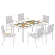 Outsunny Conjunto de Mesa y Sillas Jardín de 7 Piezas, Muebles Jardín Exterior con Mesa de Plástico PSPC, 6 Sillas Apilables Transpirables, Marco de Acero Resistente a la Intemperie, Blanco