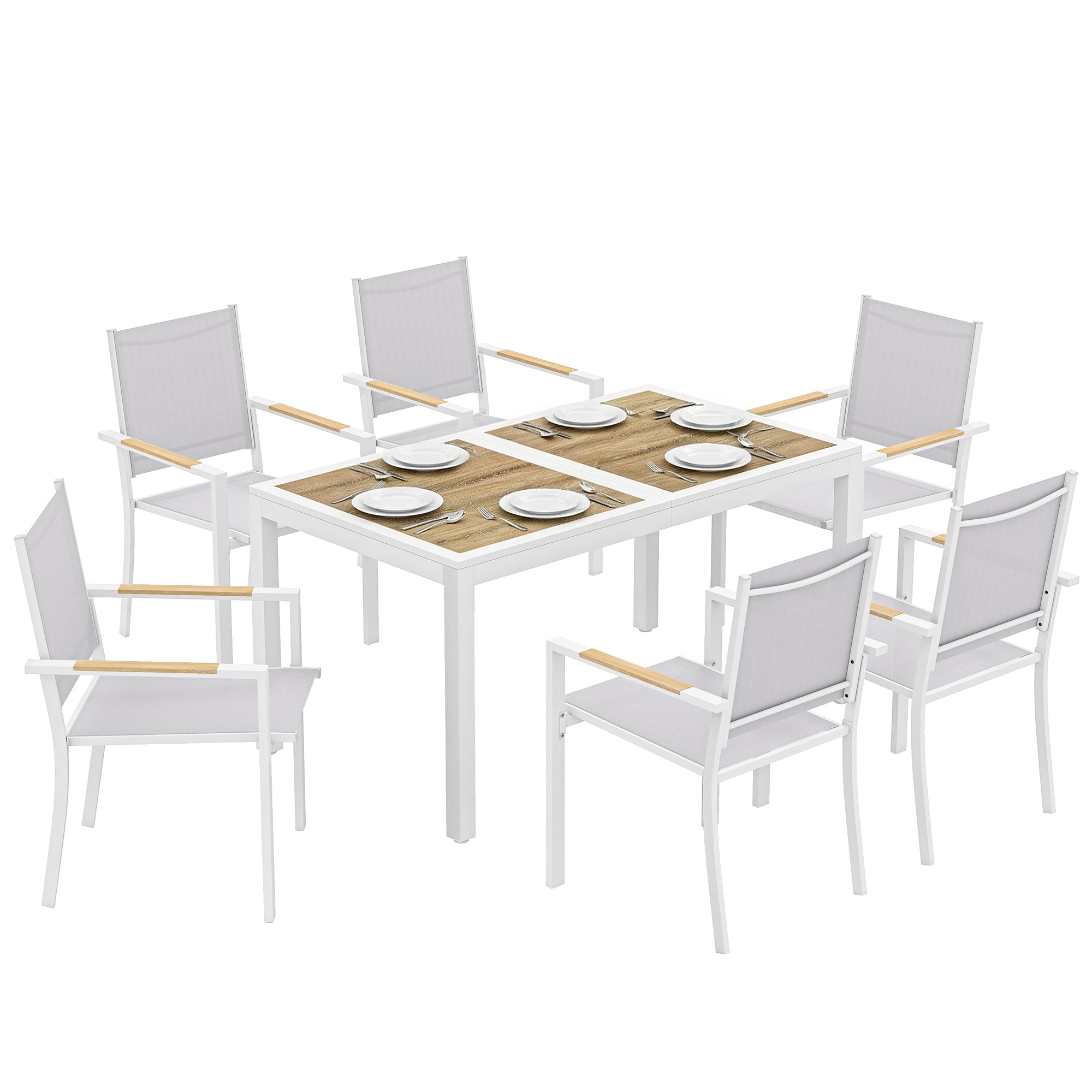 Outsunny Conjunto de Mesa y Sillas Jardín de 7 Piezas, Muebles Jardín Exterior con Mesa de Plástico PSPC, 6 Sillas Apilables Transpirables, Marco de Acero Resistente a la Intemperie, Blanco