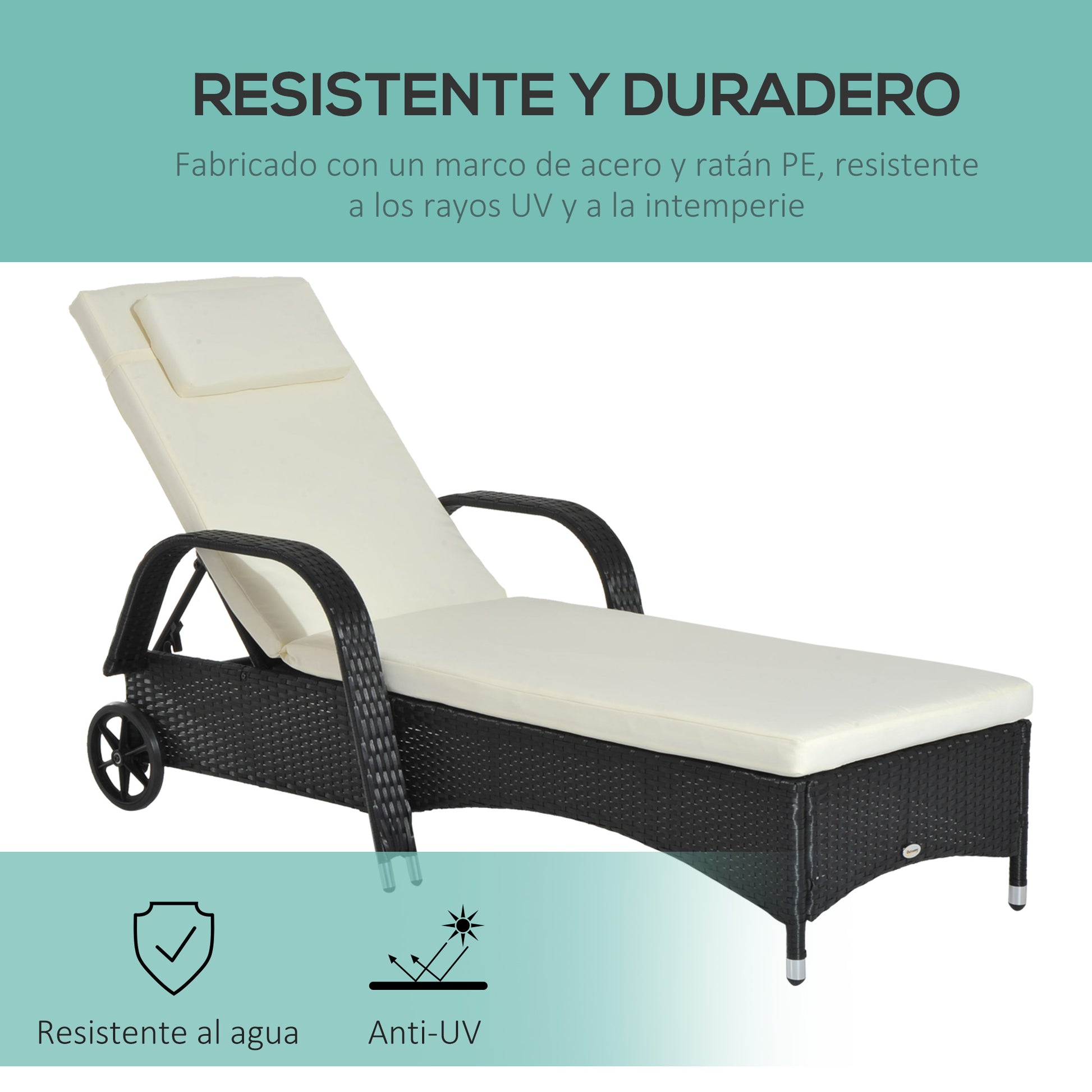 Outsunny Conjunto de 2 Tumbonas de Ratán de Jardín Chaise Longue con Respaldo Ajustable en 5 Posiciones Cojines Acolchados Reposacabezas y 2 Ruedas 200x73x72-103 cm Negro