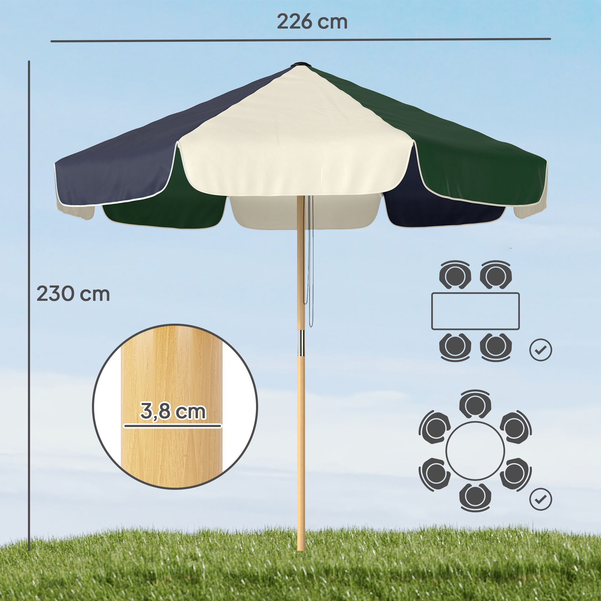 Outsunny Sombrilla Terraza Exterior, Ø2,3 m, Sombrilla de Jardín con Marco de Efecto Madera, Polea con Cuerda, Dosel Bicolor, UPF30+, Parasol para Playa, Patio, Terraza, Verde Oscuro