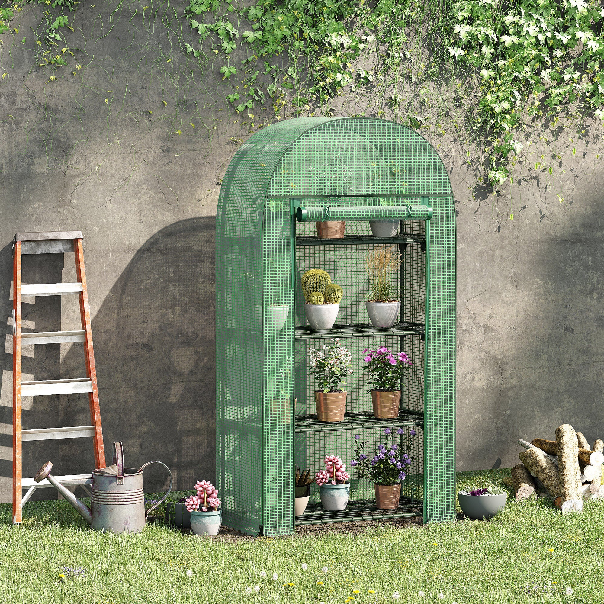 Outsunny Invernadero de Jardín con 4 Estantes Metálicos Puerta Enrollable y Cubierta de PE Vivero Casero de Terraza para Cultivo Plantas Flores Macetas 80x49x160 cm Verde
