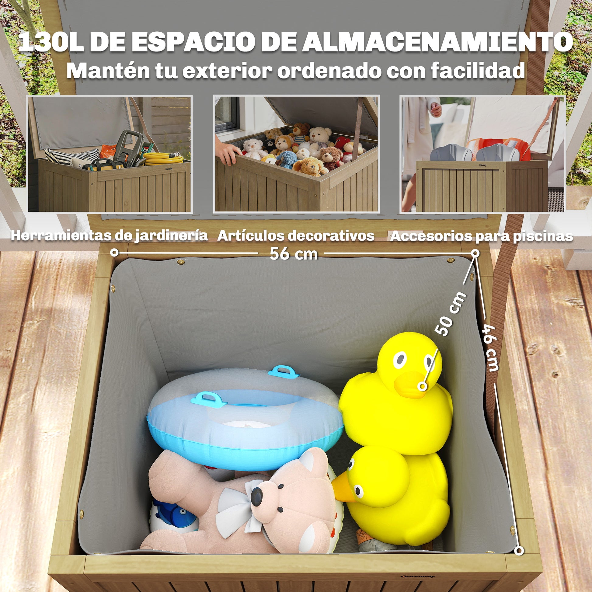Outsunny Arcón Exterior de Madera, 130L, Baúl Almacenaje Exterior con Forro, Tapa con Bisagras y Correa, Impermeable, Resistente a la Intemperie, para Jardín, Terraza, Patio, 63x51x58,5 cm, Marrón
