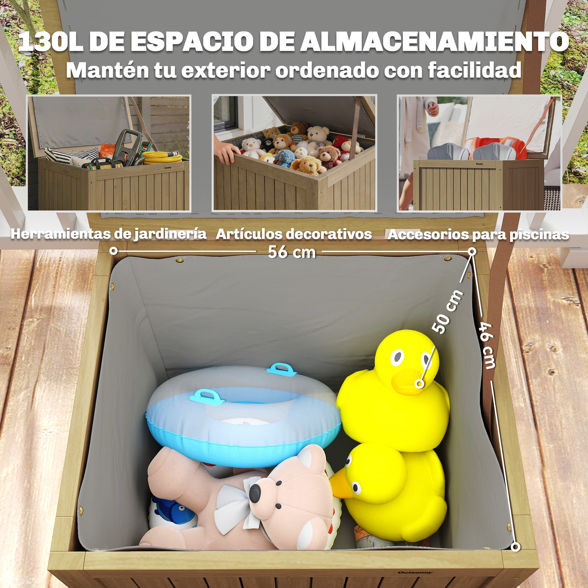 Outsunny Arcón Exterior de Madera, 130L, Baúl Almacenaje Exterior con Forro, Tapa con Bisagras y Correa, Impermeable, Resistente a la Intemperie, para Jardín, Terraza, Patio, 63x51x58,5 cm, Marrón