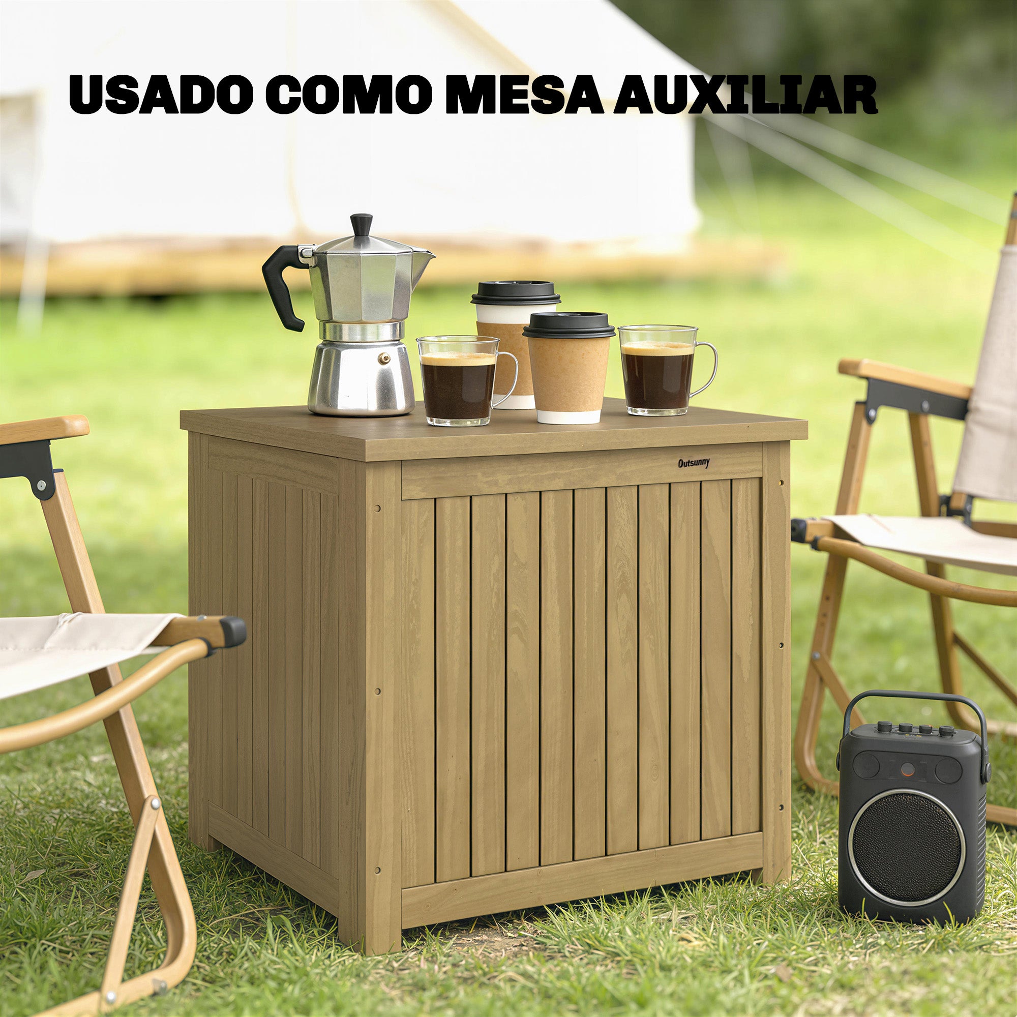 Outsunny Arcón Exterior de Madera, 130L, Baúl Almacenaje Exterior con Forro, Tapa con Bisagras y Correa, Impermeable, Resistente a la Intemperie, para Jardín, Terraza, Patio, 63x51x58,5 cm, Marrón