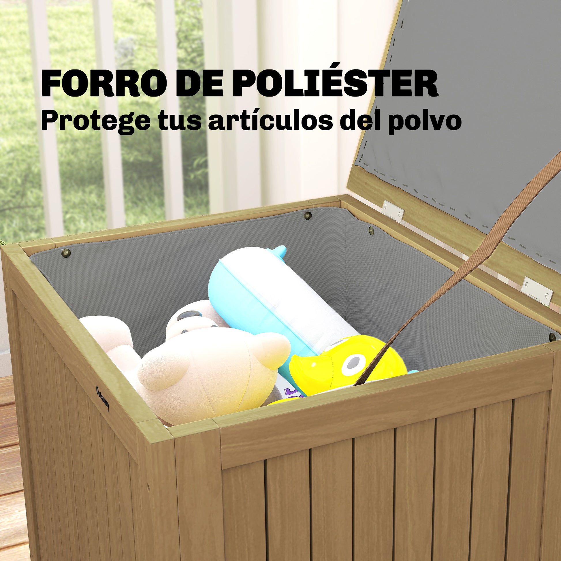 Outsunny Arcón Exterior de Madera, 130L, Baúl Almacenaje Exterior con Forro, Tapa con Bisagras y Correa, Impermeable, Resistente a la Intemperie, para Jardín, Terraza, Patio, 63x51x58,5 cm, Marrón