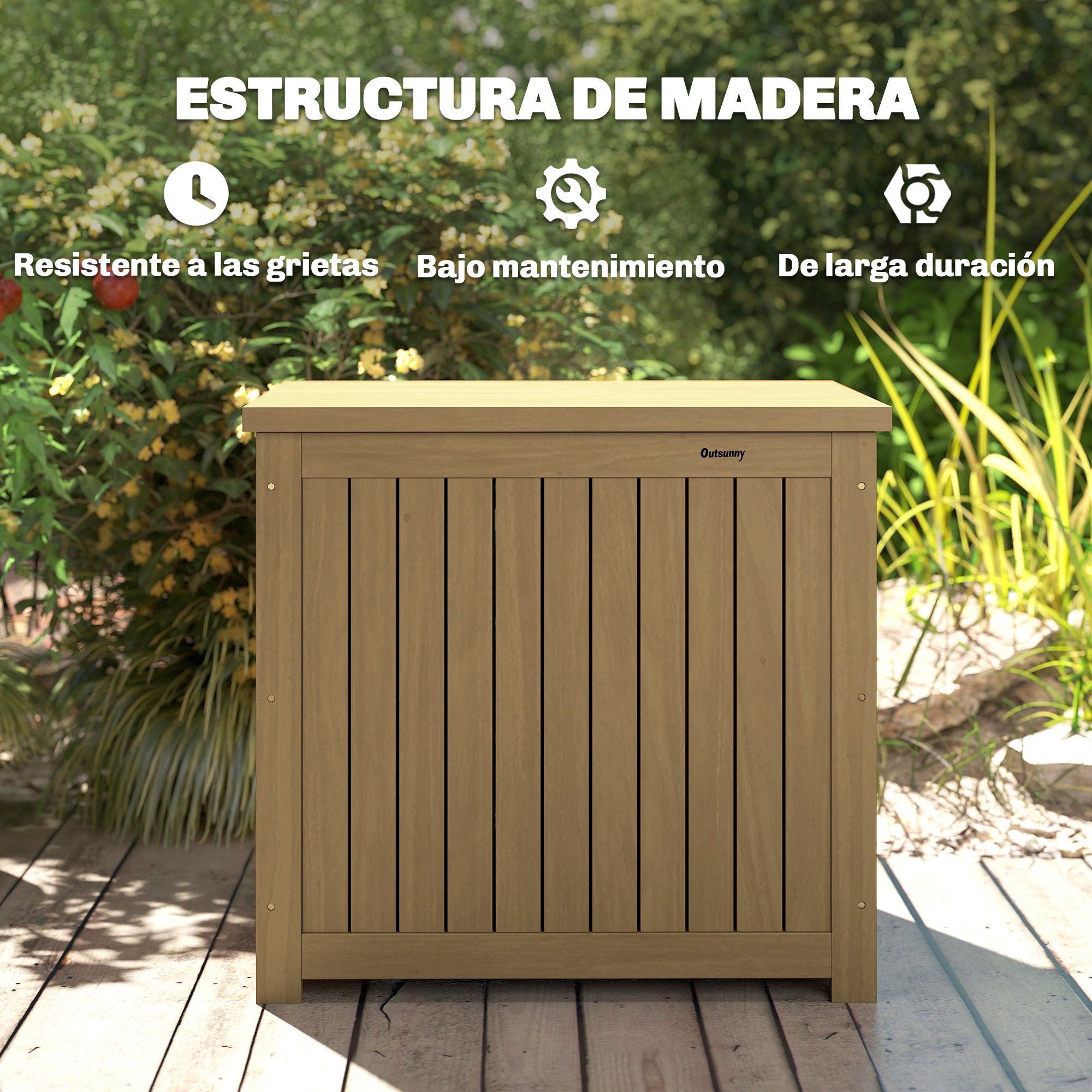 Outsunny Arcón Exterior de Madera, 130L, Baúl Almacenaje Exterior con Forro, Tapa con Bisagras y Correa, Impermeable, Resistente a la Intemperie, para Jardín, Terraza, Patio, 63x51x58,5 cm, Marrón