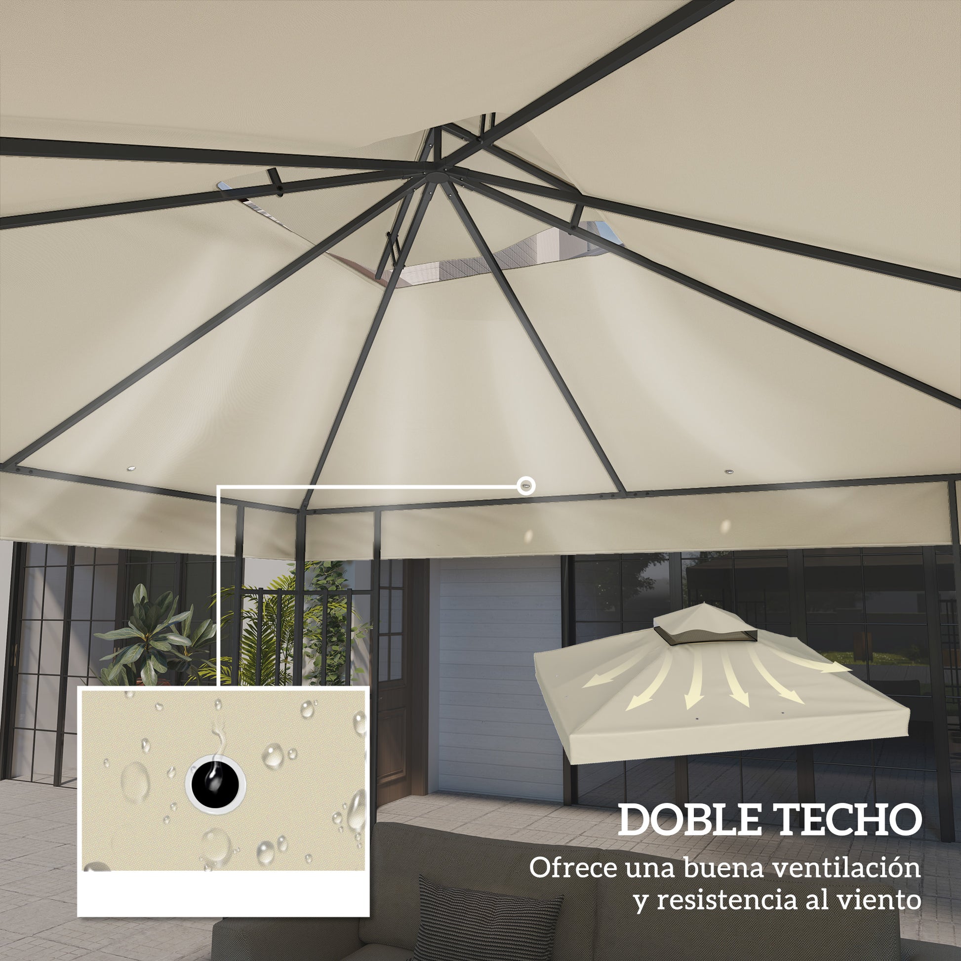 Outsunny Techo de Repuesto para Cenador 3x3 m Cubierta de Repuesto 370g/㎡ con Techo Doble con Mosquitera Protección UV 30+ Toldo de Recambio para Pabellón Gazebo Crema