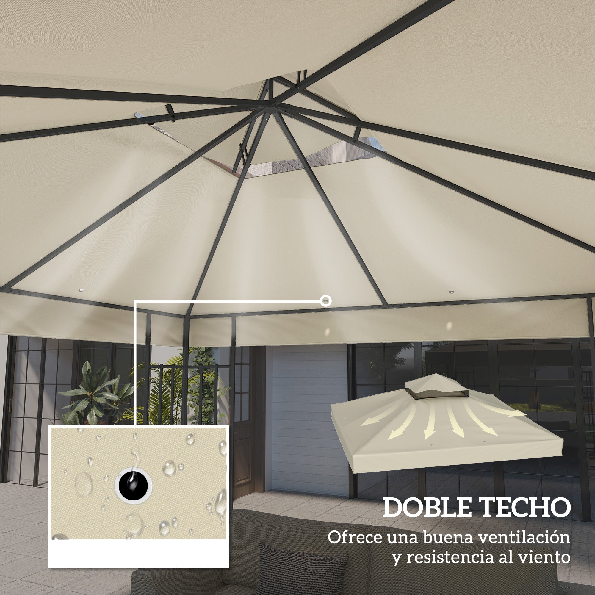 Outsunny Techo de Repuesto para Cenador 3x3 m Cubierta de Repuesto 370g/㎡ con Techo Doble con Mosquitera Protección UV 30+ Toldo de Recambio para Pabellón Gazebo Crema