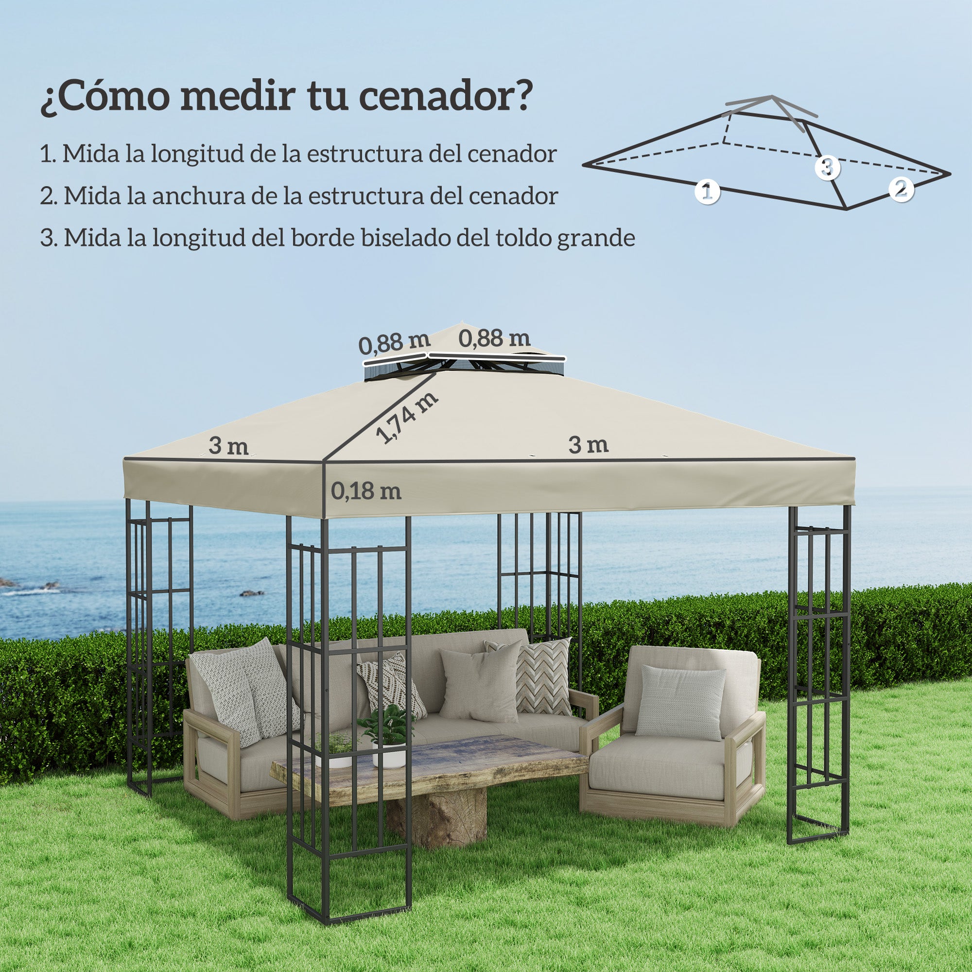Outsunny Techo de Repuesto para Cenador 3x3 m Cubierta de Repuesto 370g/㎡ con Techo Doble con Mosquitera Protección UV 30+ Toldo de Recambio para Pabellón Gazebo Crema