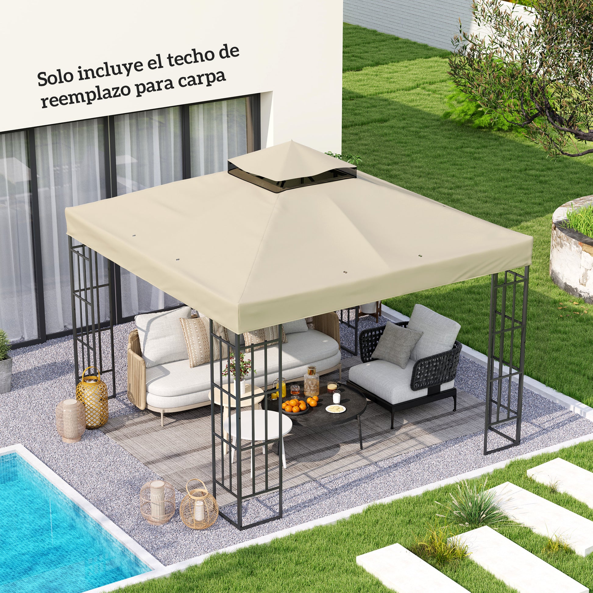 Outsunny Techo de Repuesto para Cenador 3x3 m Cubierta de Repuesto 370g/㎡ con Techo Doble con Mosquitera Protección UV 30+ Toldo de Recambio para Pabellón Gazebo Crema