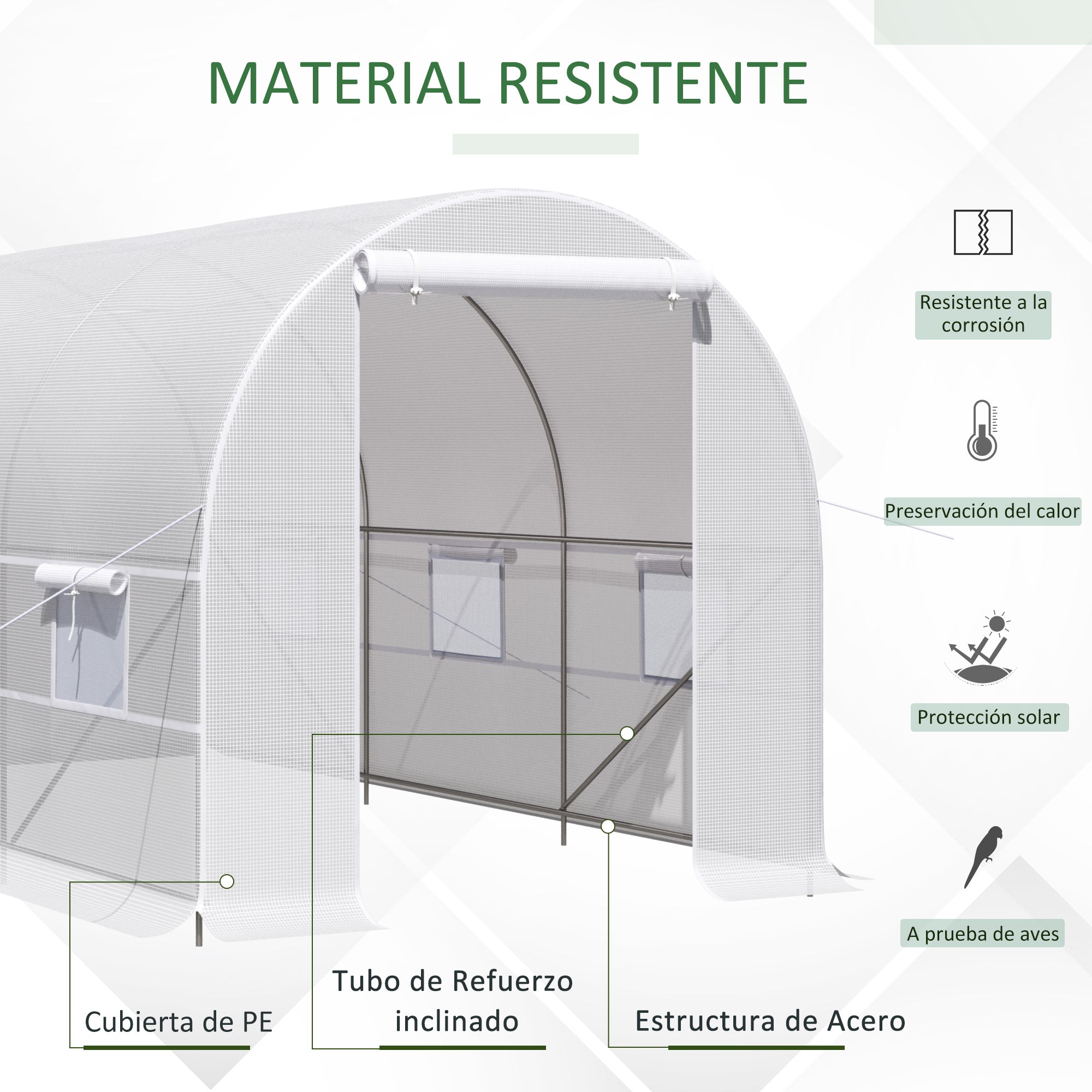Outsunny Invernadero de Exterior 4x2x2 m Invernadero de Túnel con 6 Ventanas de Malla y Puerta Enrollable con Cremallera Invernadero de Huerto Anti-UV para Patio Jardín Blanco