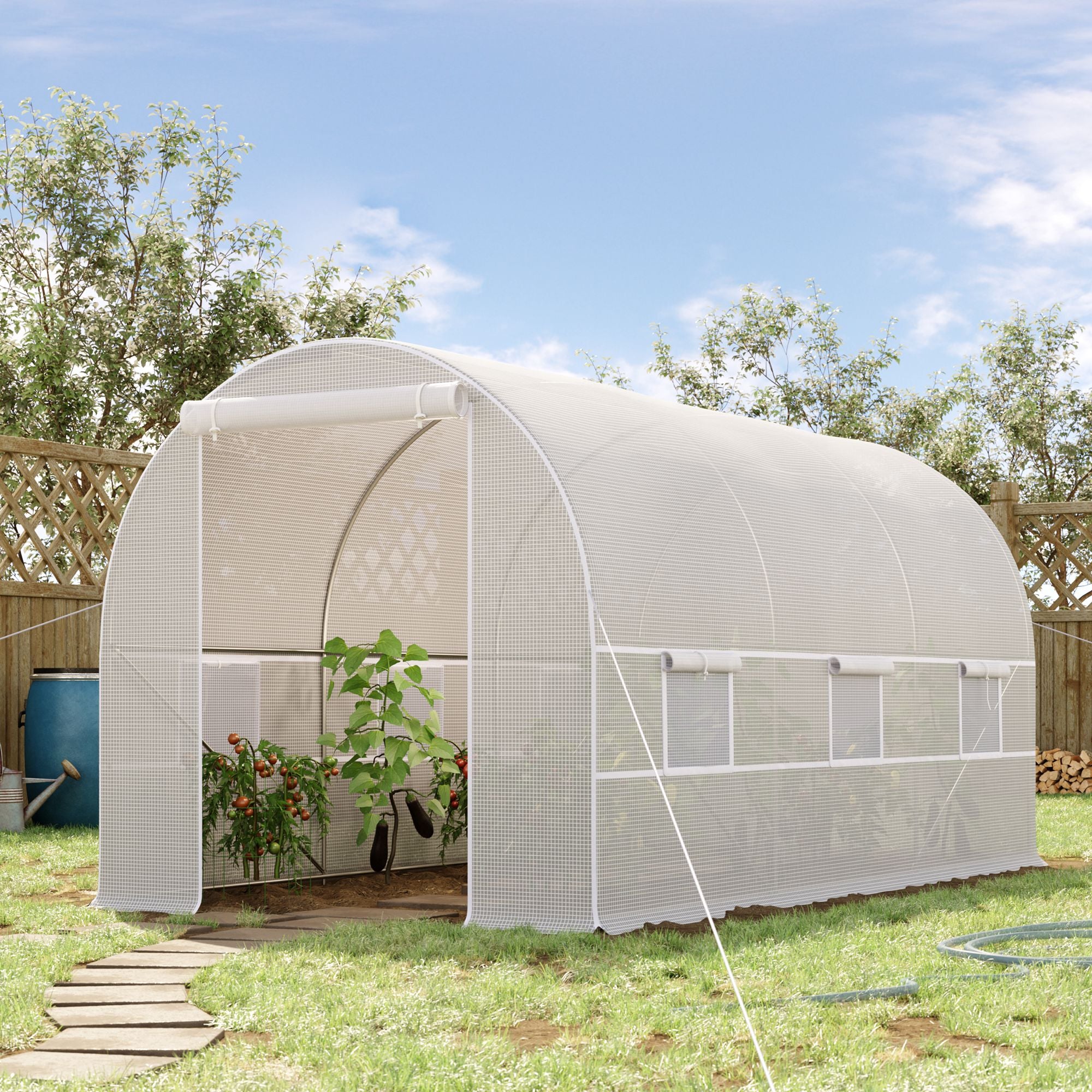 Outsunny Invernadero de Exterior 4x2x2 m Invernadero de Túnel con 6 Ventanas de Malla y Puerta Enrollable con Cremallera Invernadero de Huerto Anti-UV para Patio Jardín Blanco