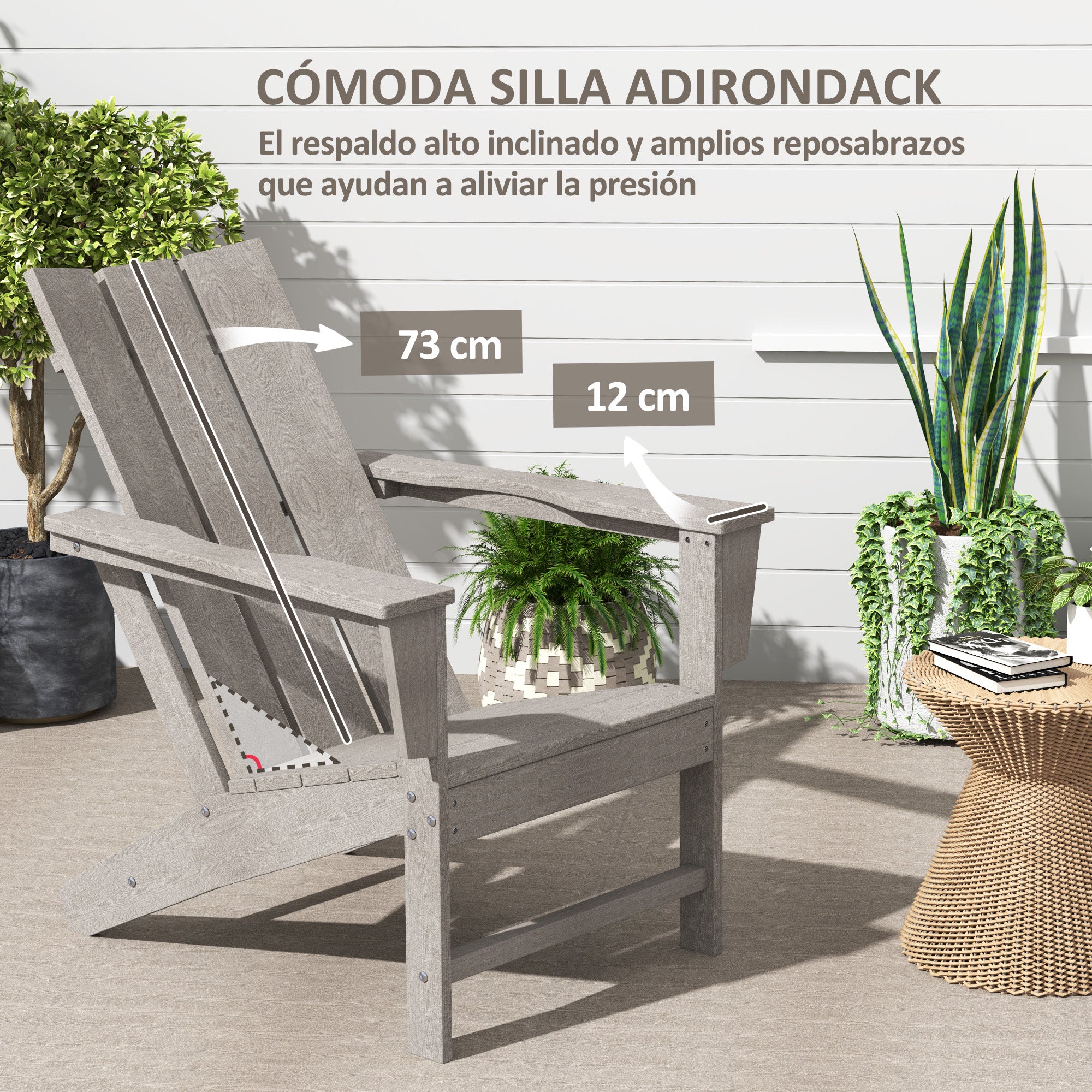 Outsunny Silla Adirondack Exterior Silla de Jardín con Asiento Extra Ancho Carga 120 kg para Patio Terraza Balcón 75x83x90 cm Gris Oscuro