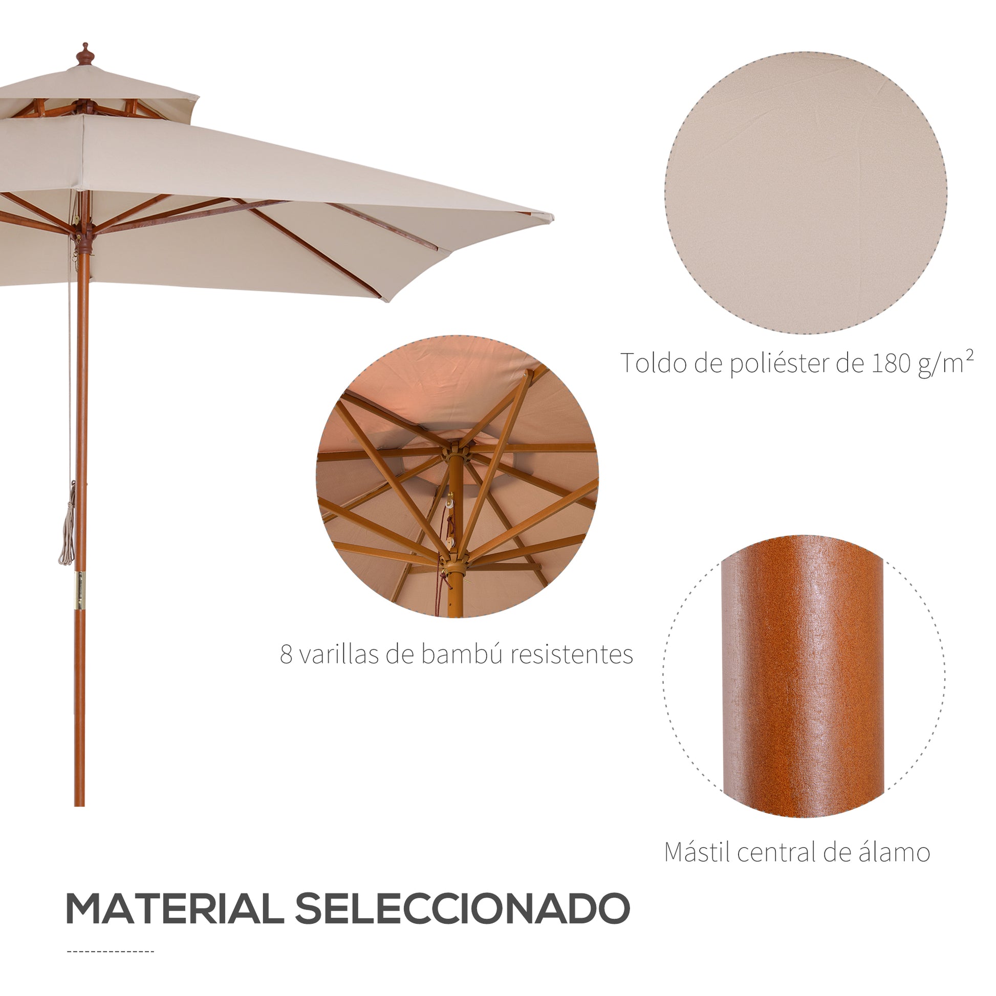 Outsunny Sombrilla de Jardín 3x3x3 m Parasol de Jardín de Bambú con Doble Techo Sistema de Polea Impermeable para Terraza Balcón Exterior Beige