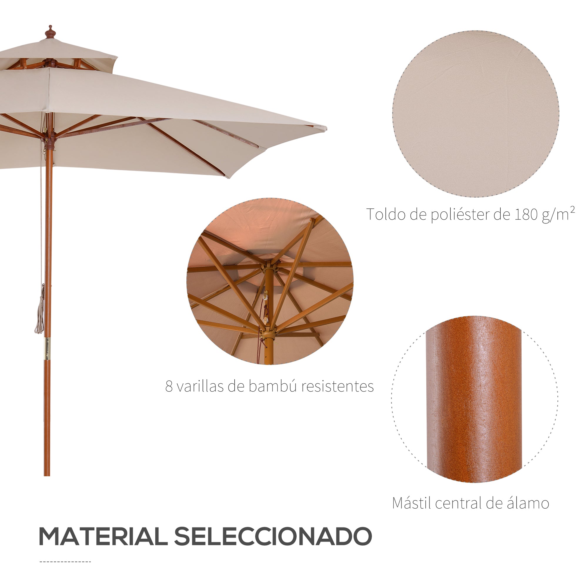 Outsunny Sombrilla de Jardín 3x3x3 m Parasol de Jardín de Bambú con Doble Techo Sistema de Polea Impermeable para Terraza Balcón Exterior Beige