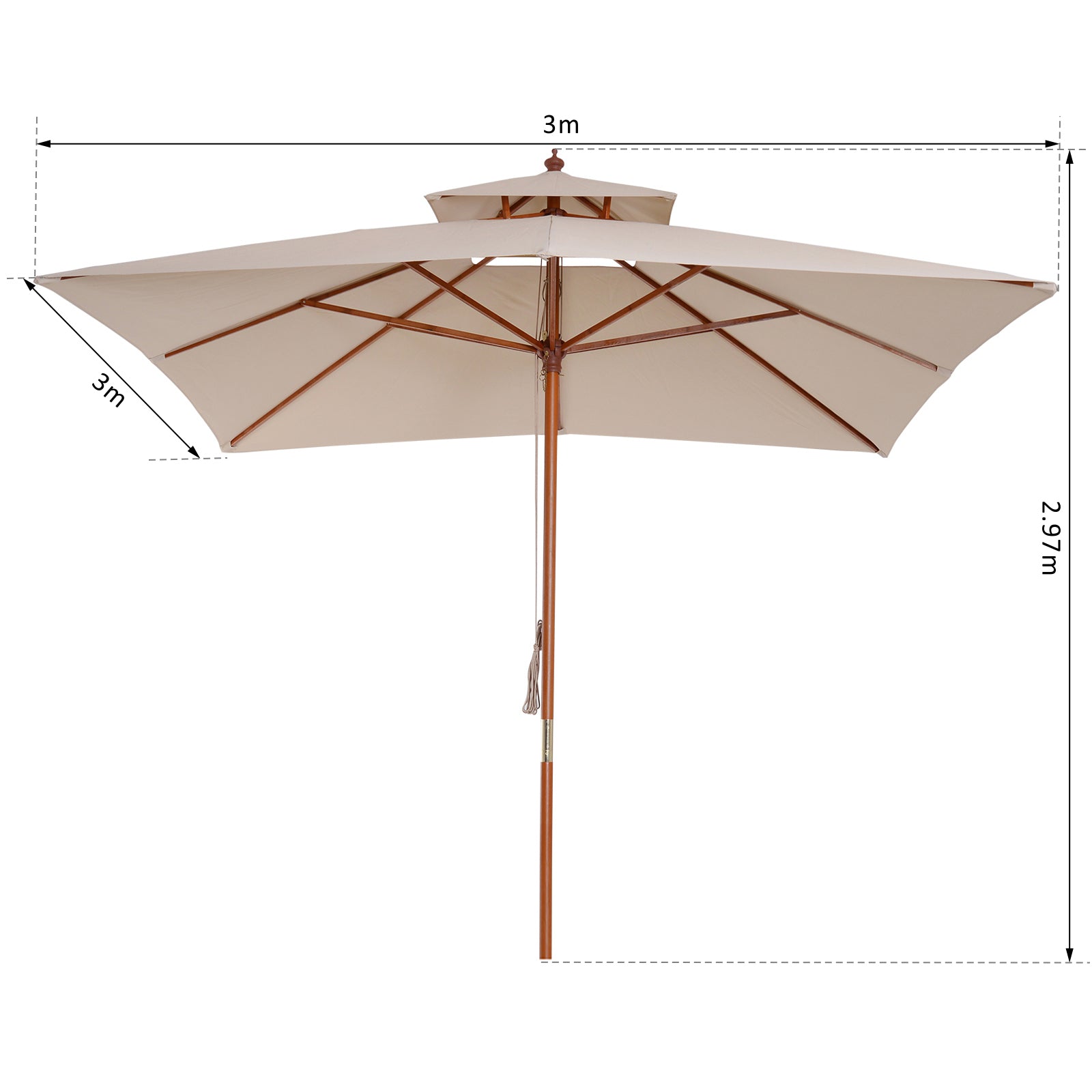 Outsunny Sombrilla de Jardín 3x3x3 m Parasol de Jardín de Bambú con Doble Techo Sistema de Polea Impermeable para Terraza Balcón Exterior Beige