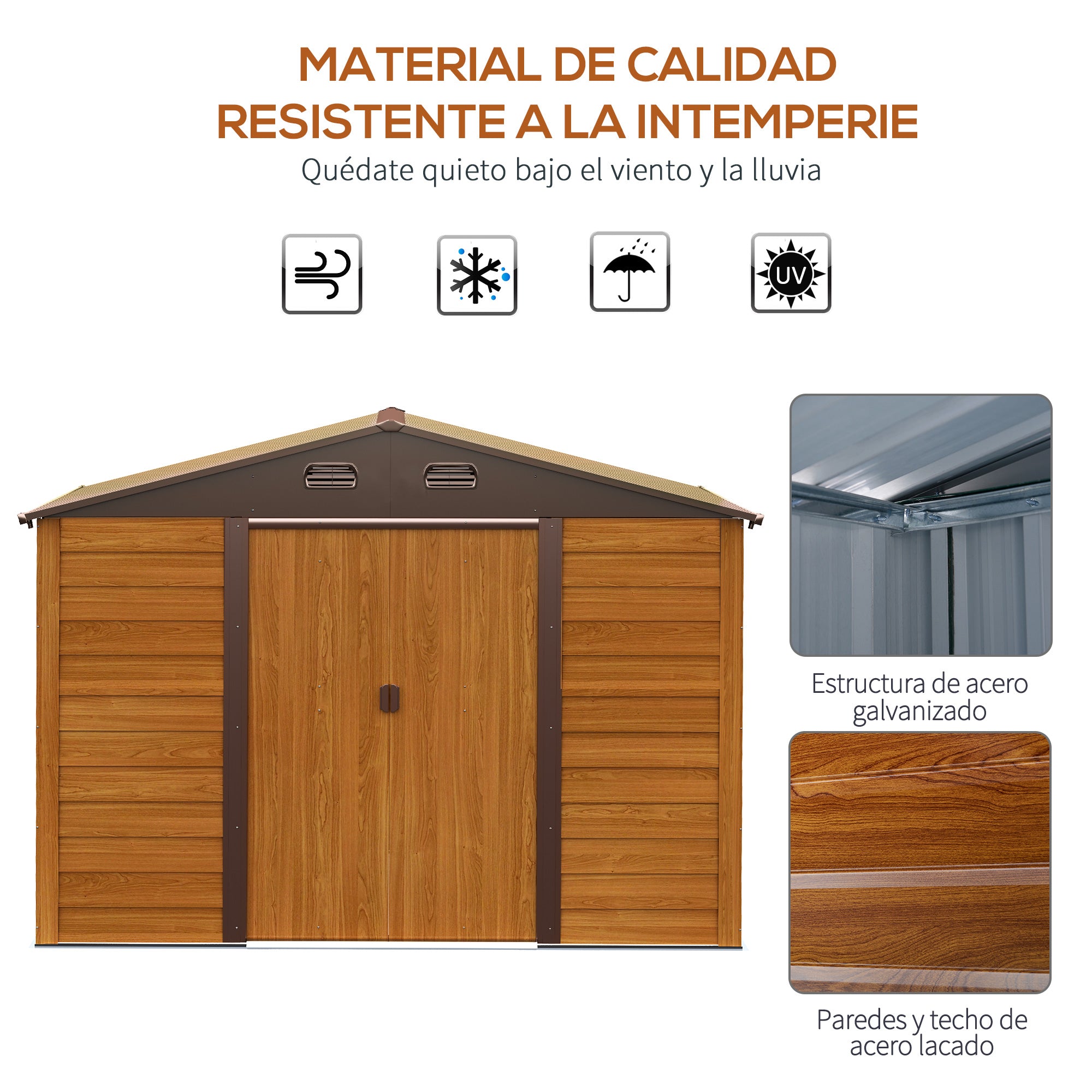 Outsunny Cobertizo de Jardín Exterior 4,84 m² 278x195x215 cm Caseta de Jardín Metálica con 2 Puertas Corredizas y 4 Ventanas para Almacenamiento de Herramientas Efecto Madera Natural