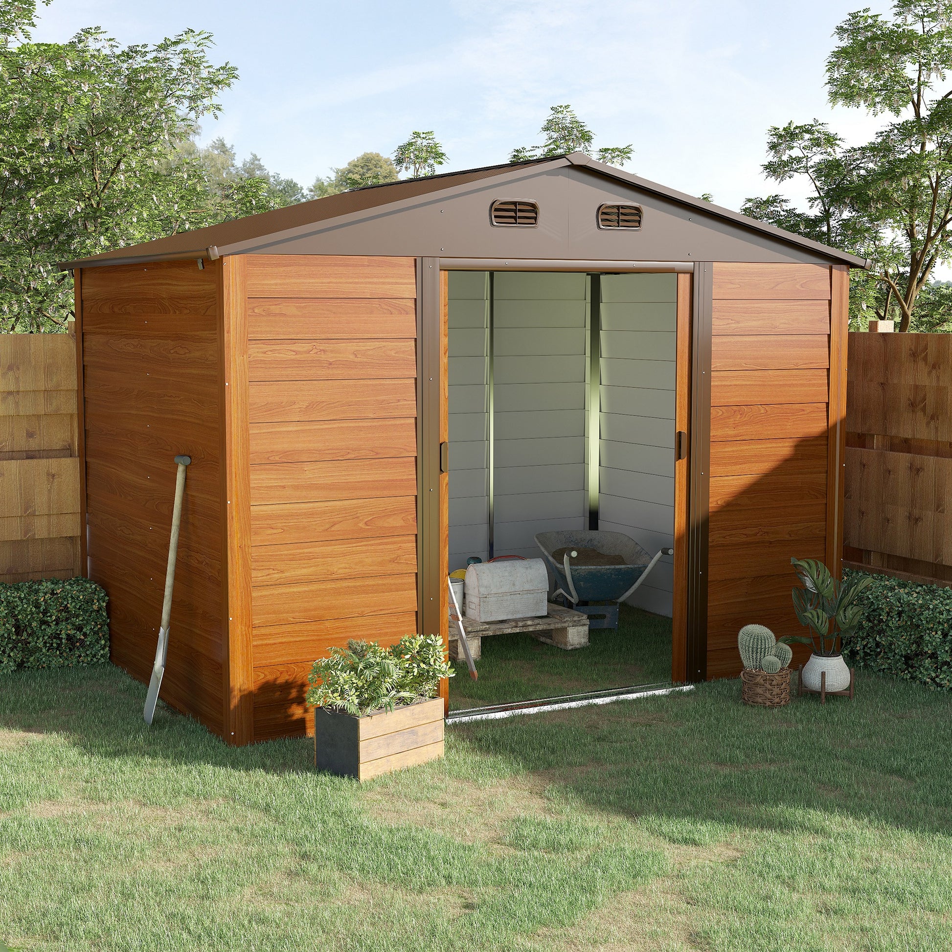 Outsunny Cobertizo de Jardín Exterior 4,84 m² 278x195x215 cm Caseta de Jardín Metálica con 2 Puertas Corredizas y 4 Ventanas para Almacenamiento de Herramientas Efecto Madera Natural