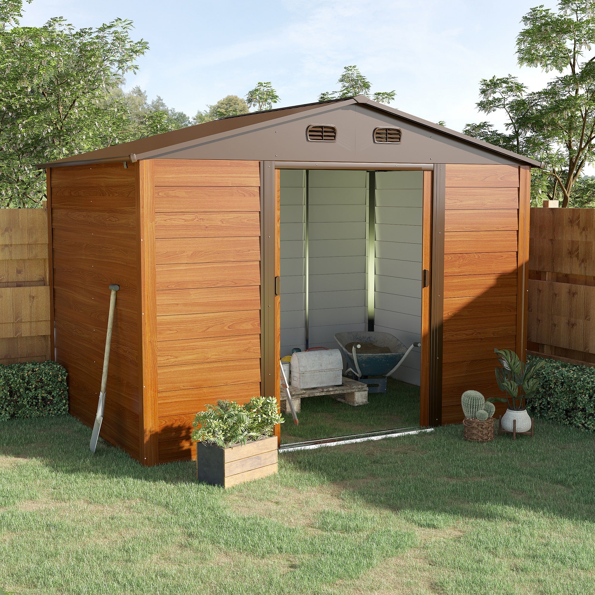 Outsunny Cobertizo de Jardín Exterior 4,84 m² 278x195x215 cm Caseta de Jardín Metálica con 2 Puertas Corredizas y 4 Ventanas para Almacenamiento de Herramientas Efecto Madera Natural