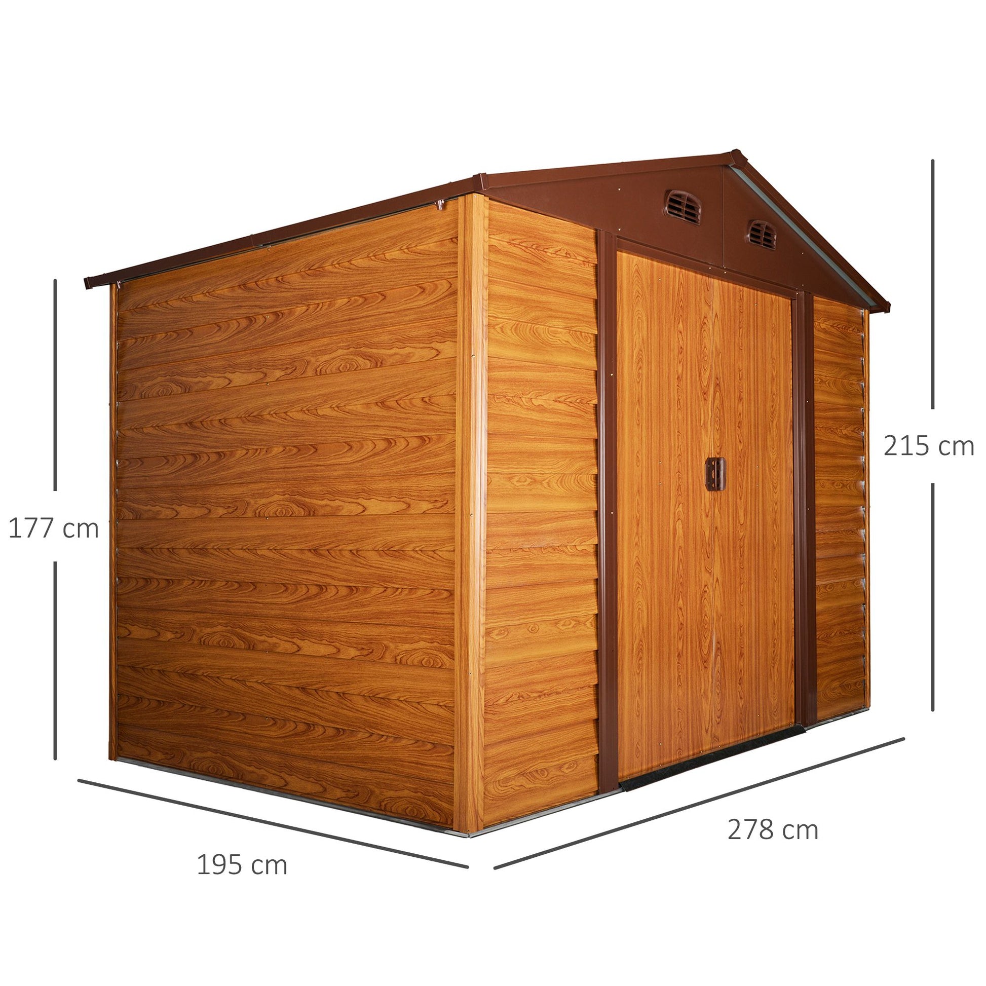 Outsunny Cobertizo de Jardín Exterior 4,84 m² 278x195x215 cm Caseta de Jardín Metálica con 2 Puertas Corredizas y 4 Ventanas para Almacenamiento de Herramientas Efecto Madera Natural