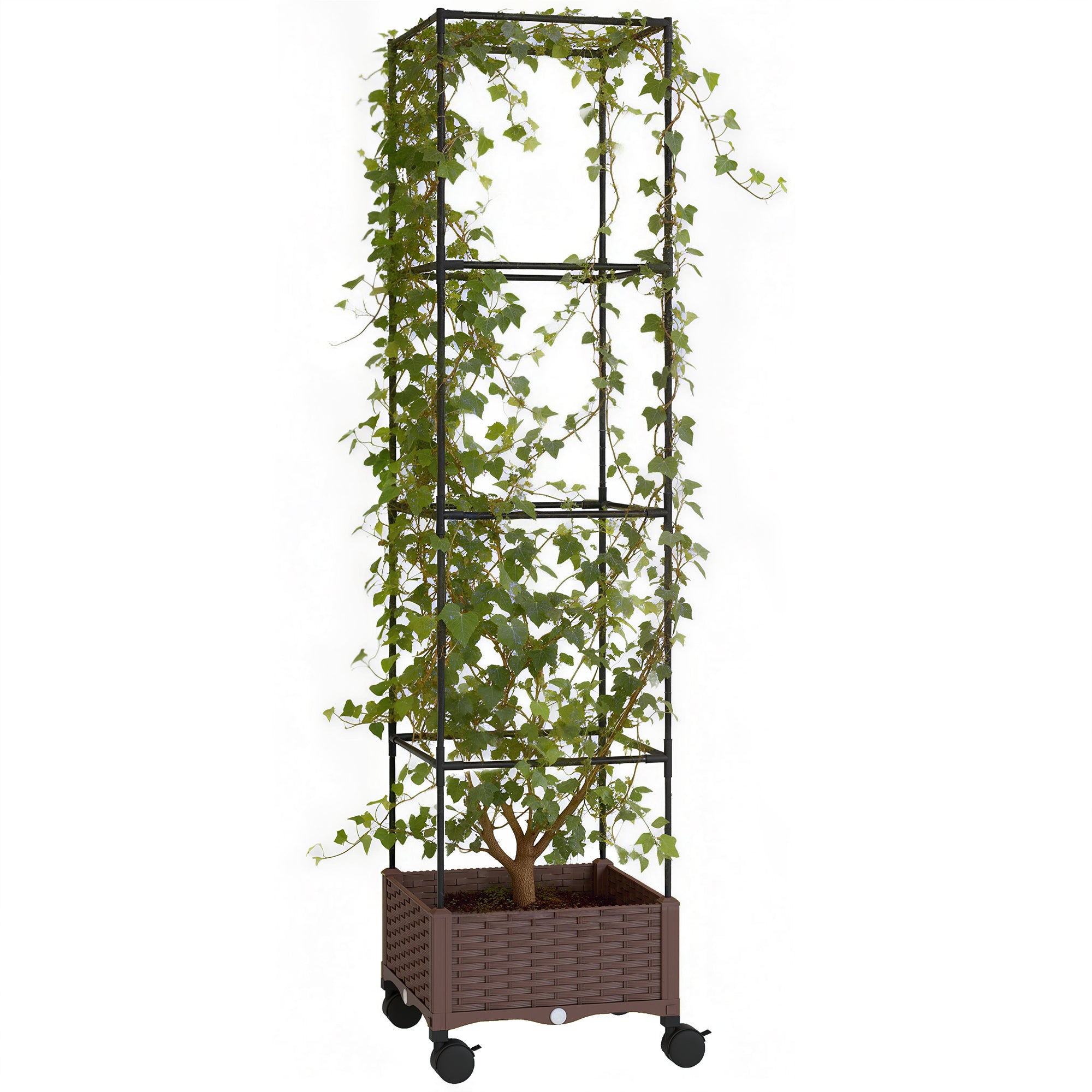 Outsunny Jardinera con Enrejado Ajustable, Jardinera Exterior con Ruedas Bloqueables para Plantas Trepadoras con Ofricios de Drenaje, Macetero Elevado para Jardín, Patio, Terraza, 40x40x165 cm, Marrón