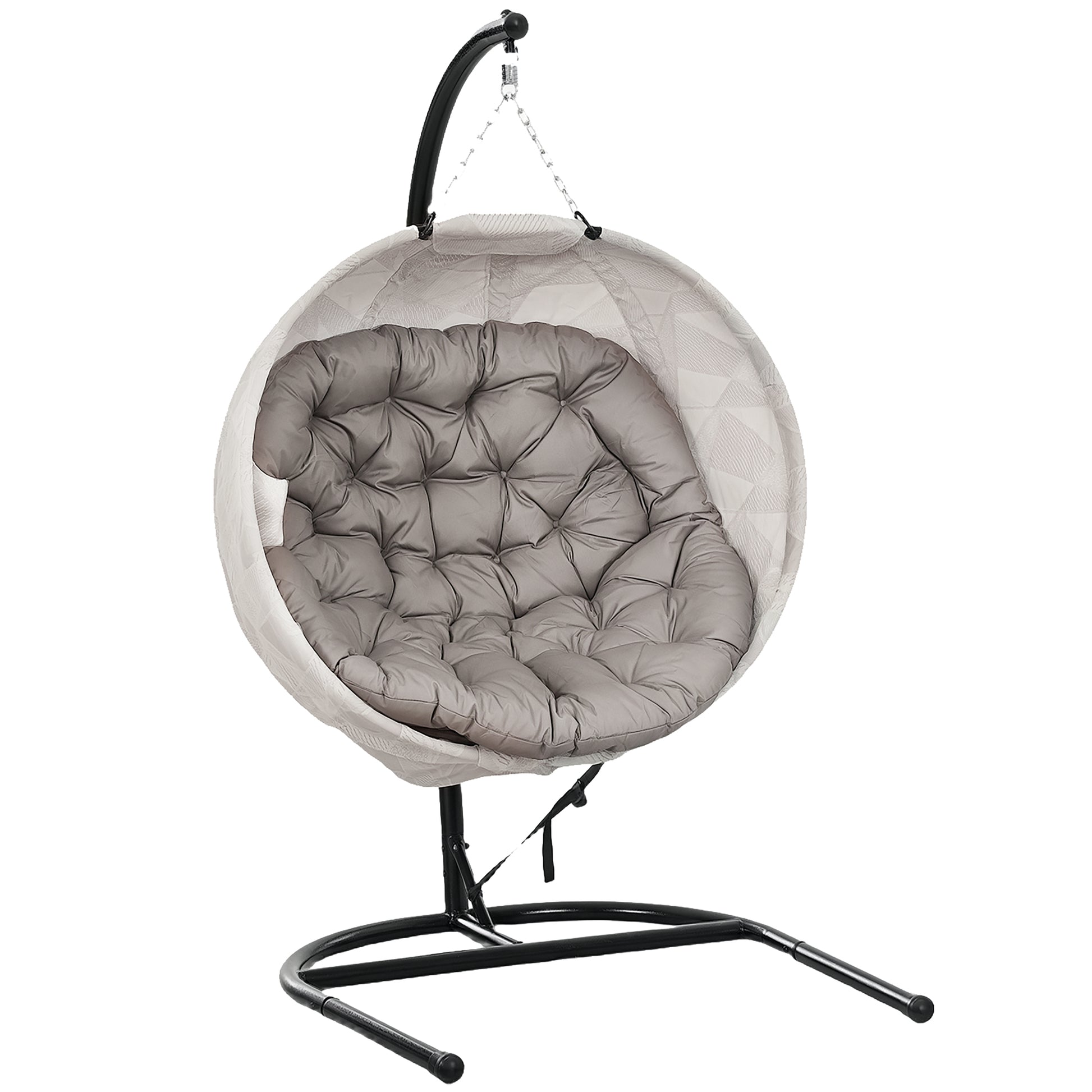 Outsunny Silla Colgante Huevo con Soporte Columpio de Jardín Exterior con Cesta Plegable de Malla Doble Cojín y Portavasos Columpio Colgante para Interior y Exterior Carga 120 kg Arena y Negro