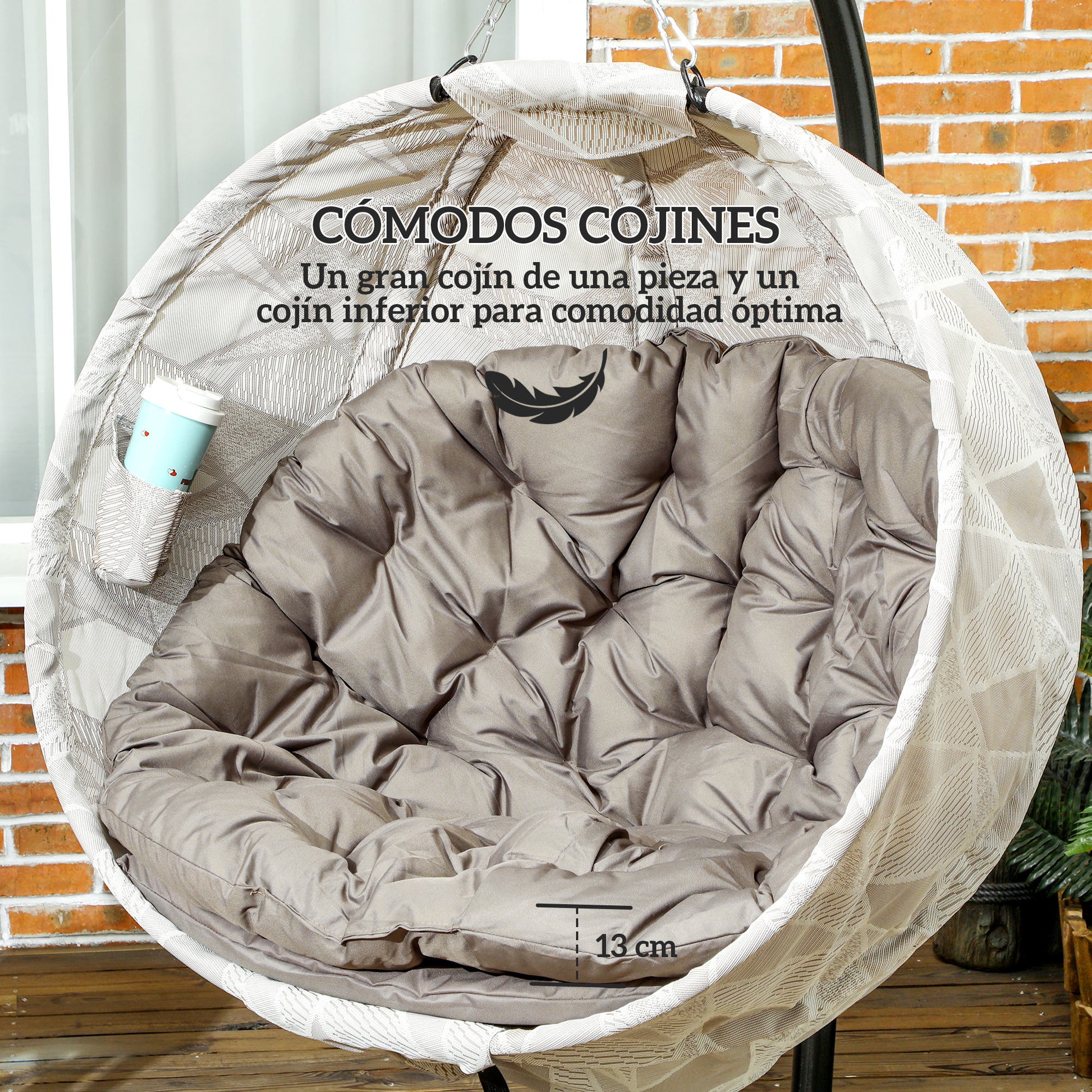 Outsunny Silla Colgante Huevo con Soporte Columpio de Jardín Exterior con Cesta Plegable de Malla Doble Cojín y Portavasos Columpio Colgante para Interior y Exterior Carga 120 kg Arena y Negro
