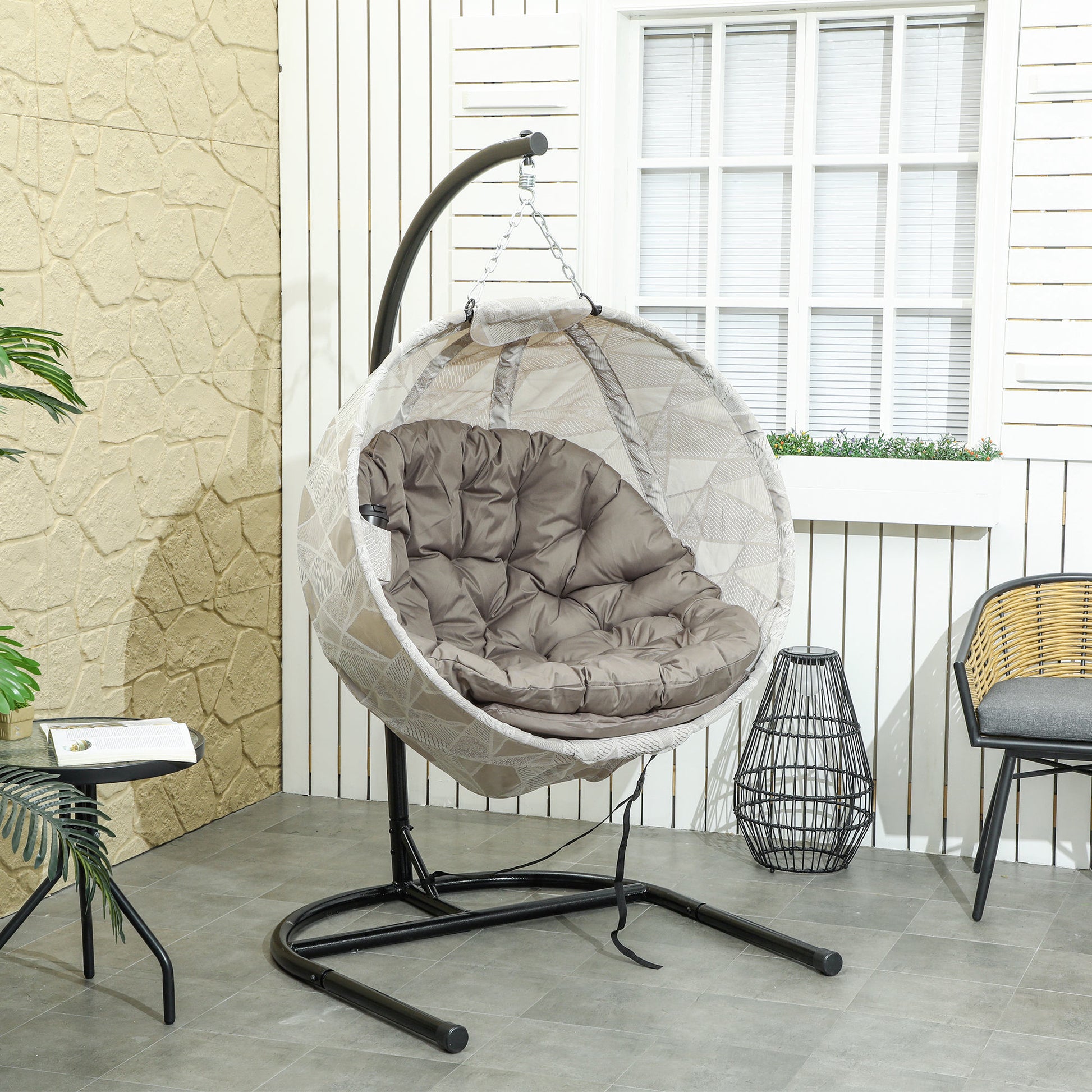 Outsunny Silla Colgante Huevo con Soporte Columpio de Jardín Exterior con Cesta Plegable de Malla Doble Cojín y Portavasos Columpio Colgante para Interior y Exterior Carga 120 kg Arena y Negro