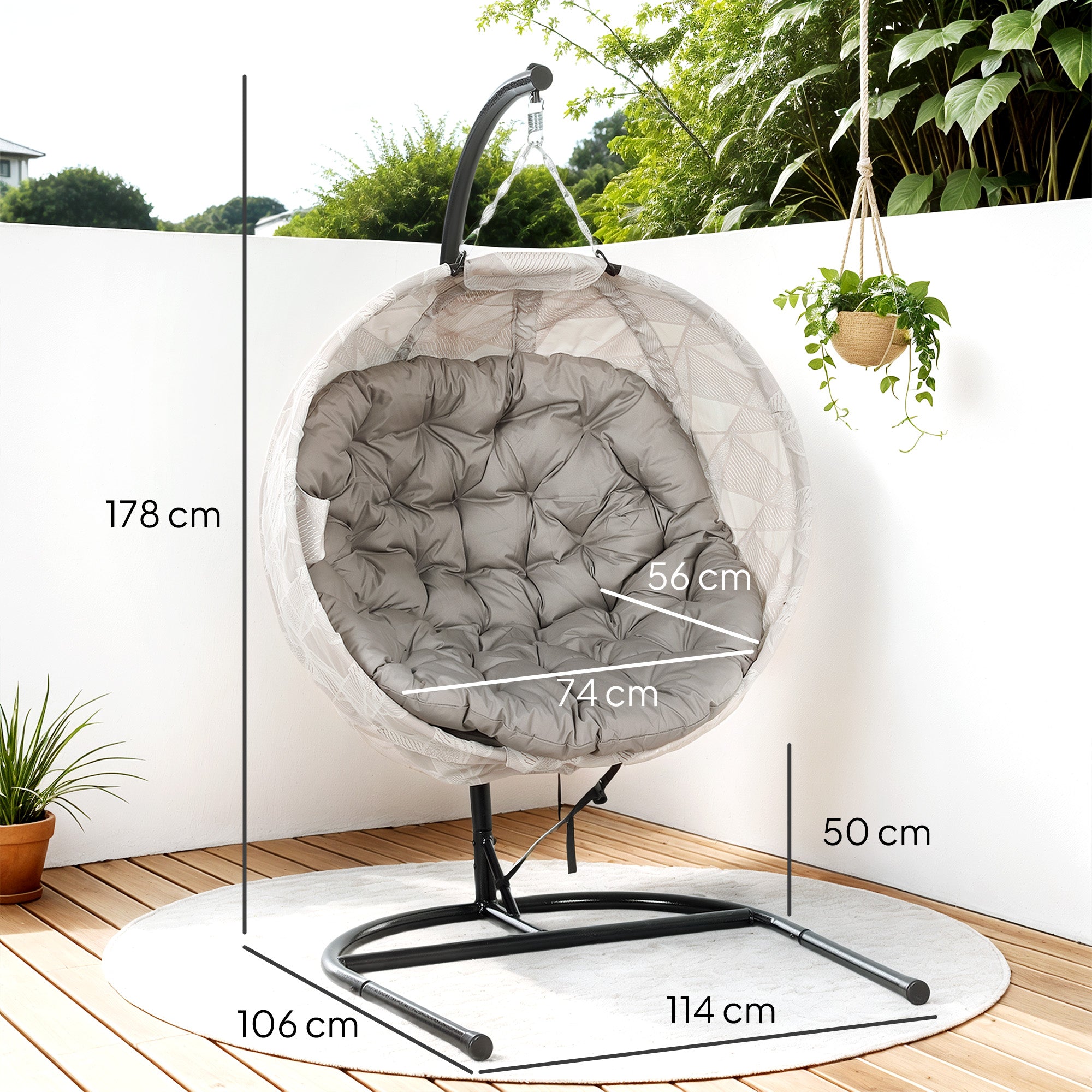Outsunny Silla Colgante Huevo con Soporte Columpio de Jardín Exterior con Cesta Plegable de Malla Doble Cojín y Portavasos Columpio Colgante para Interior y Exterior Carga 120 kg Arena y Negro