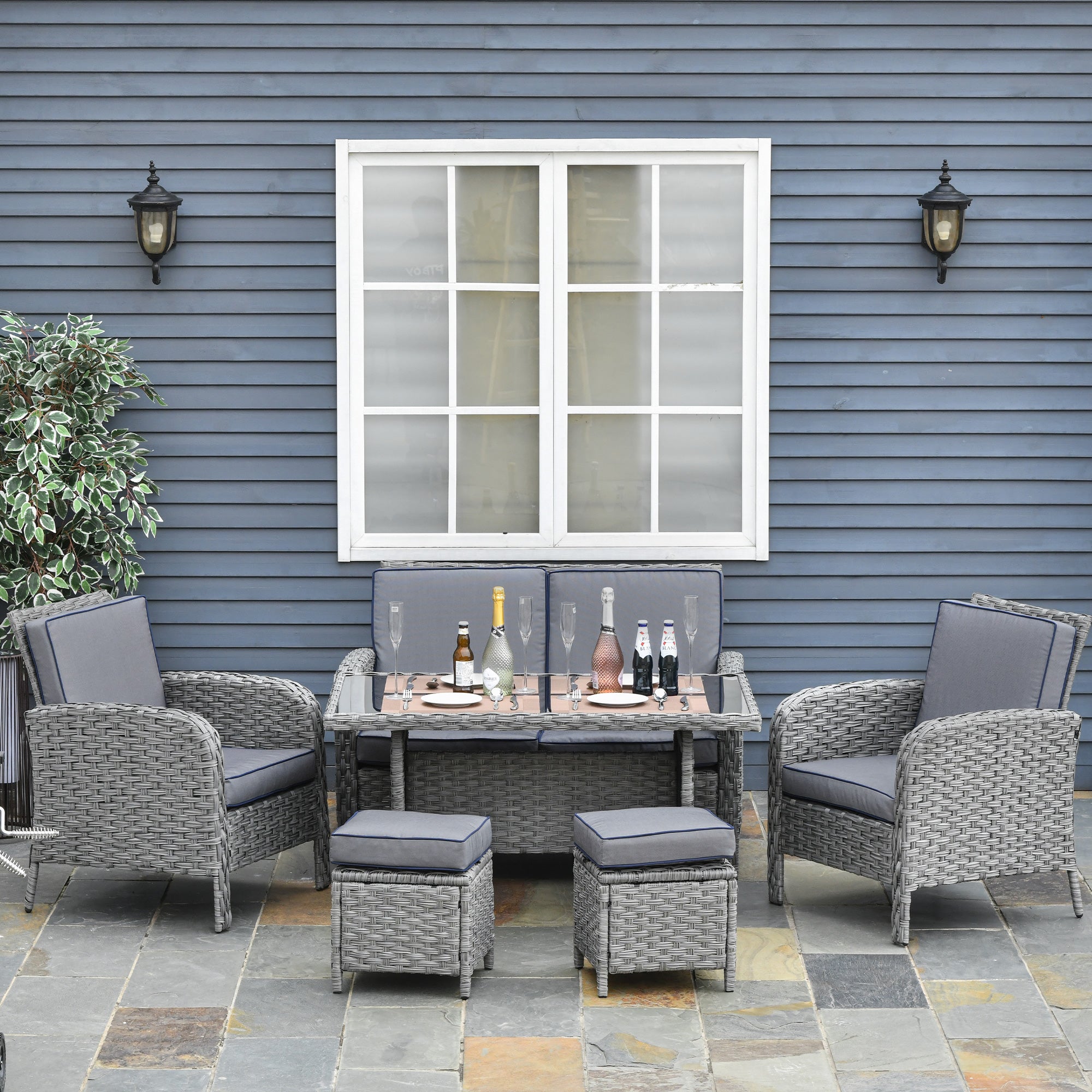 Outsunny Conjunto de Muebles de Jardín 6 Piezas de Ratán con Mesa de Centro Sofá Doble 2 Sillones Individuales 2 Taburetes con Cojines para Patio Porche Terraza Gris