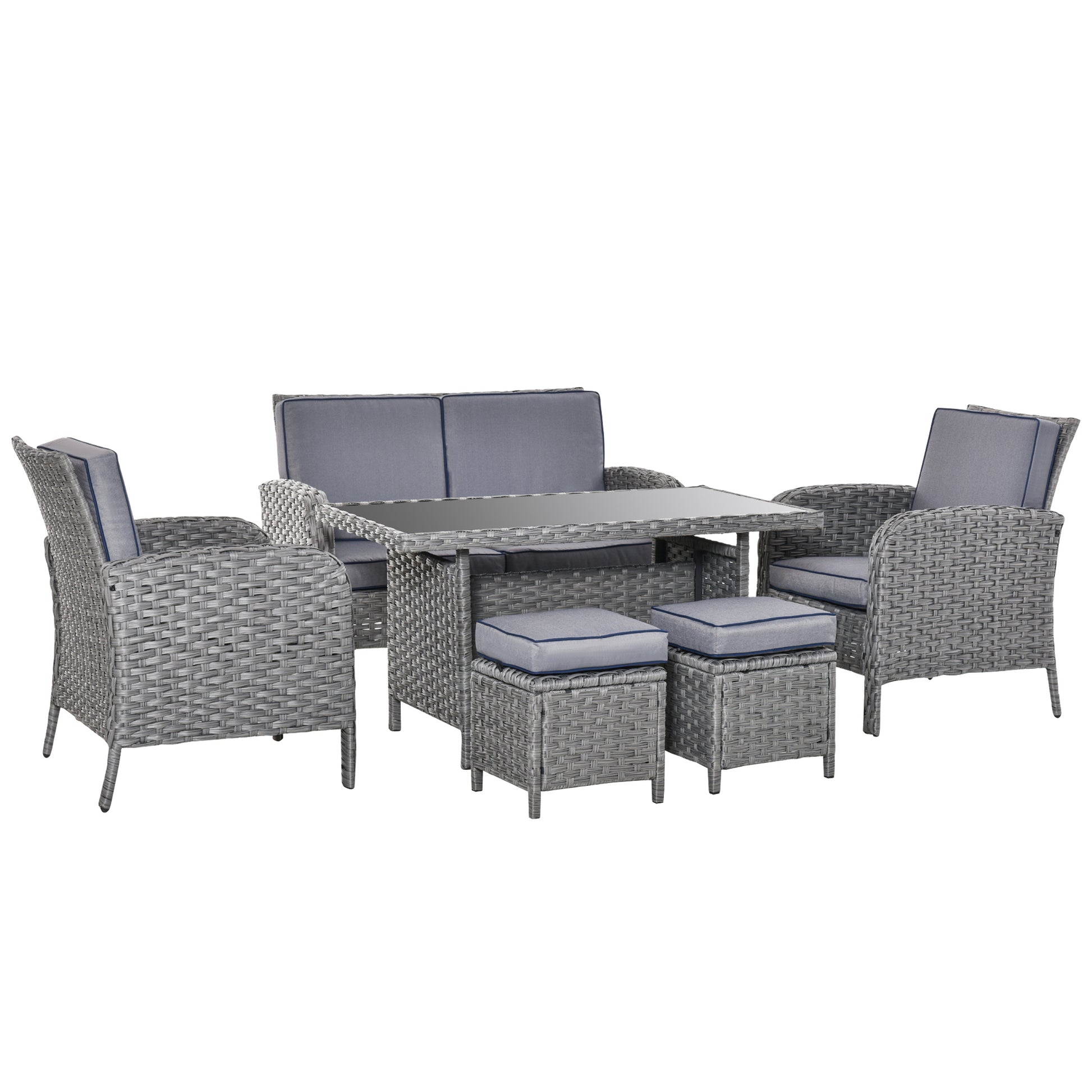 Outsunny Conjunto de Muebles de Jardín 6 Piezas de Ratán con Mesa de Centro Sofá Doble 2 Sillones Individuales 2 Taburetes con Cojines para Patio Porche Terraza Gris