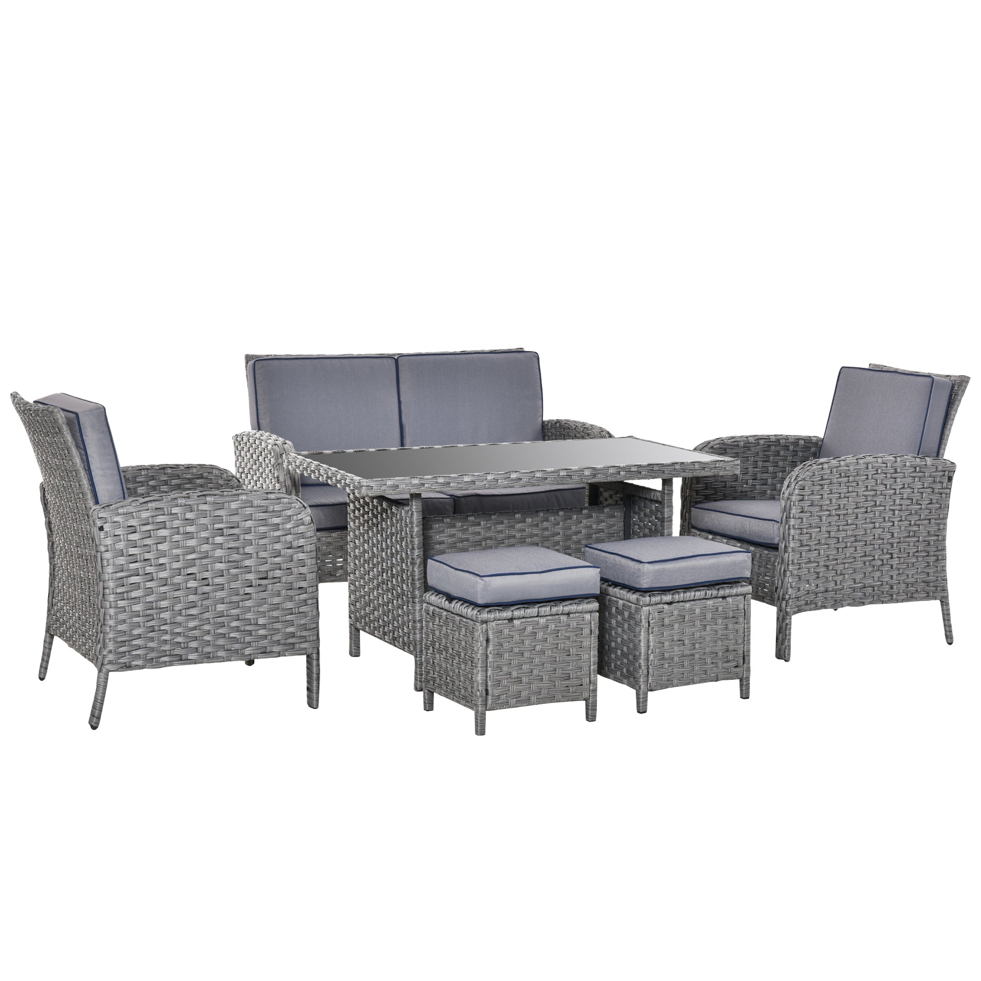 Outsunny Conjunto de Muebles de Jardín 6 Piezas de Ratán con Mesa de Centro Sofá Doble 2 Sillones Individuales 2 Taburetes con Cojines para Patio Porche Terraza Gris