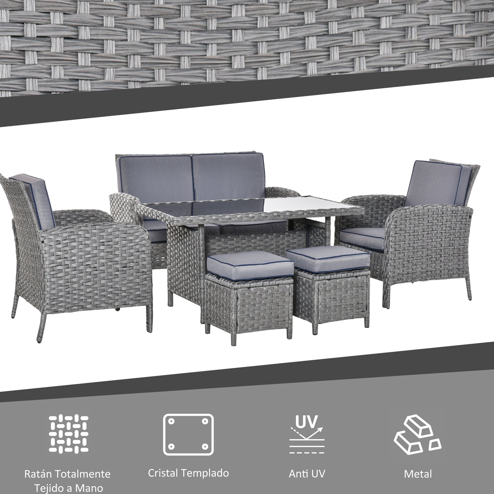 Outsunny Conjunto de Muebles de Jardín 6 Piezas de Ratán con Mesa de Centro Sofá Doble 2 Sillones Individuales 2 Taburetes con Cojines para Patio Porche Terraza Gris