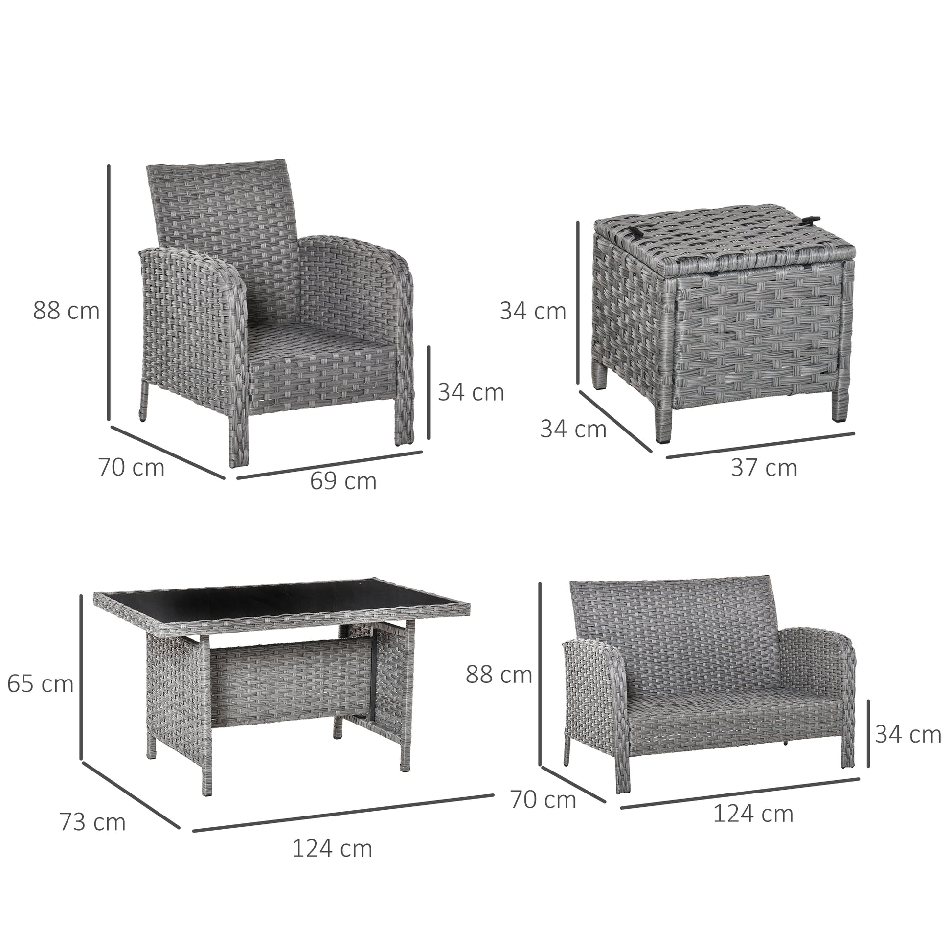 Outsunny Conjunto de Muebles de Jardín 6 Piezas de Ratán con Mesa de Centro Sofá Doble 2 Sillones Individuales 2 Taburetes con Cojines para Patio Porche Terraza Gris