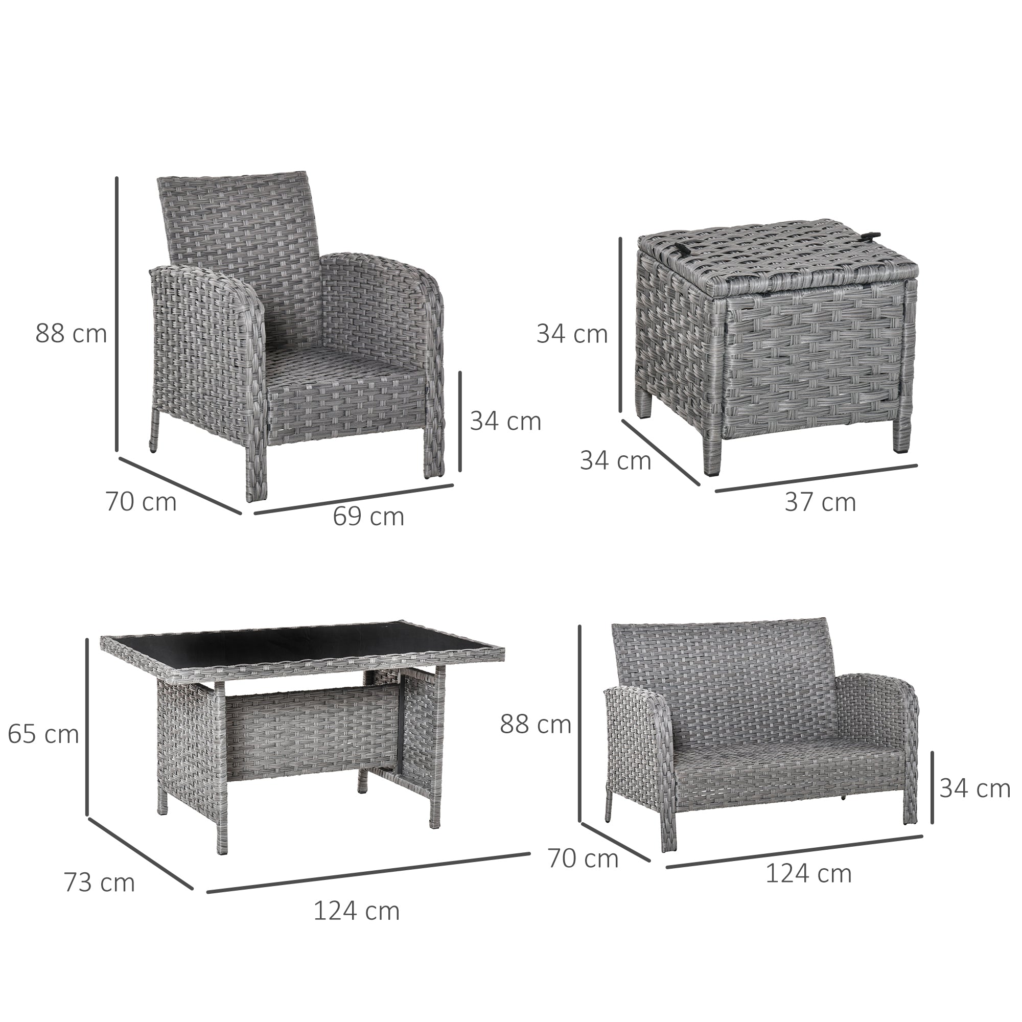 Outsunny Conjunto de Muebles de Jardín 6 Piezas de Ratán con Mesa de Centro Sofá Doble 2 Sillones Individuales 2 Taburetes con Cojines para Patio Porche Terraza Gris